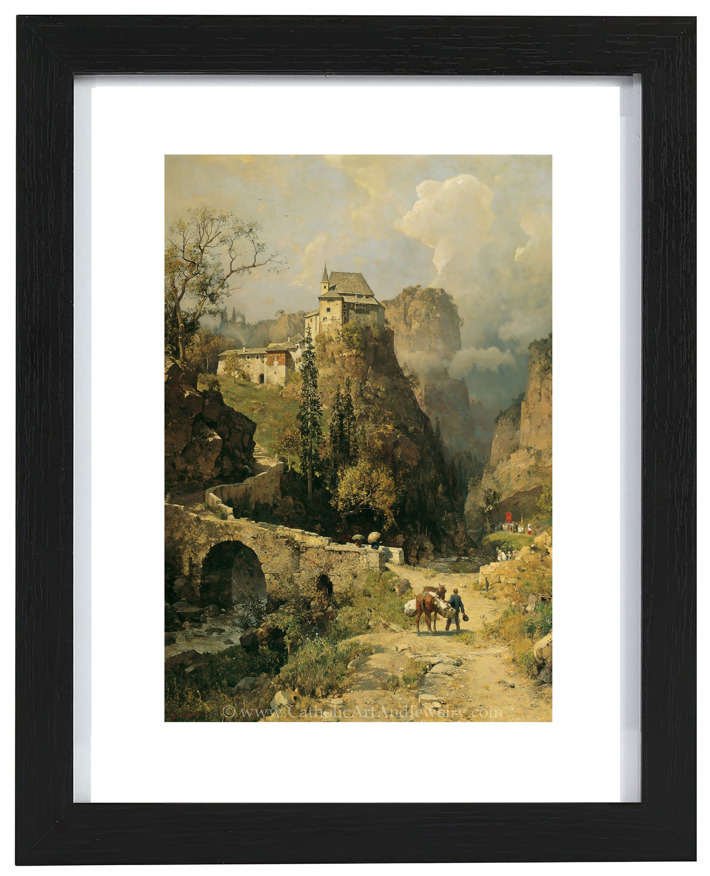 a painting of a mountain scene with a castle in the distance