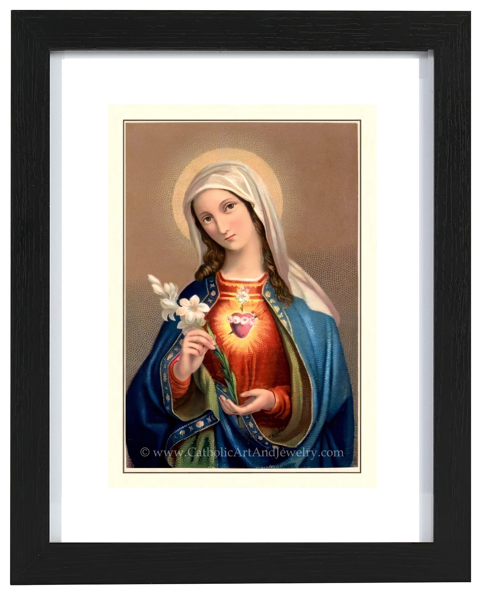 a painting of the virgin mary holding a flower