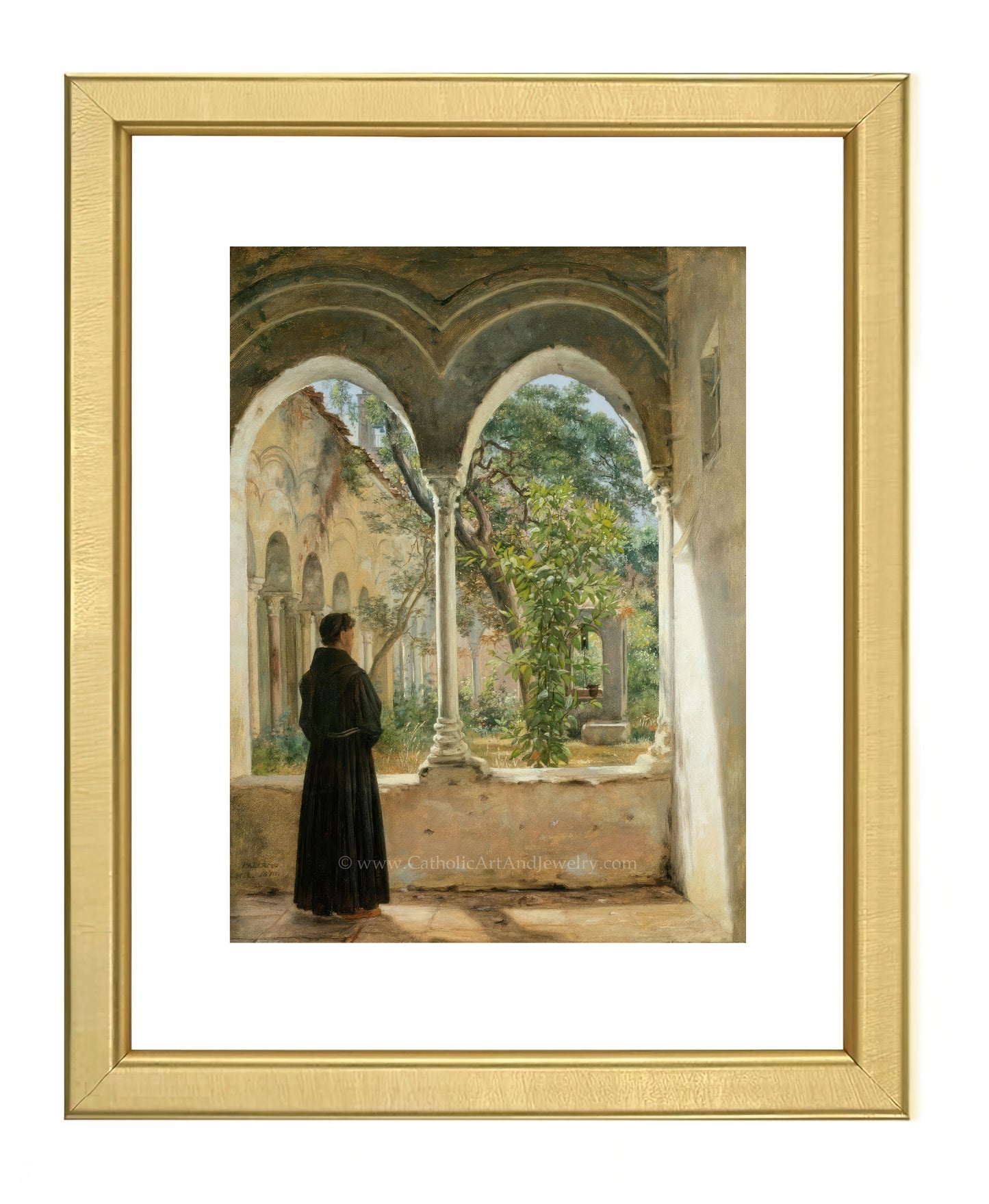 a painting of a woman standing in a courtyard