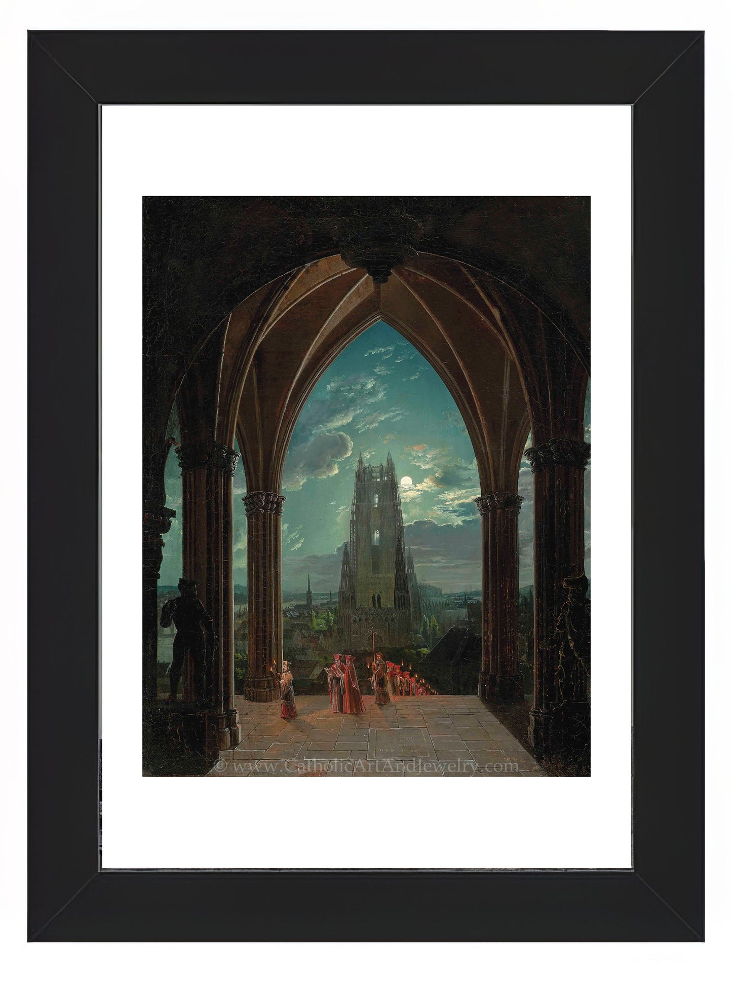 a painting of a cathedral with a view of the city