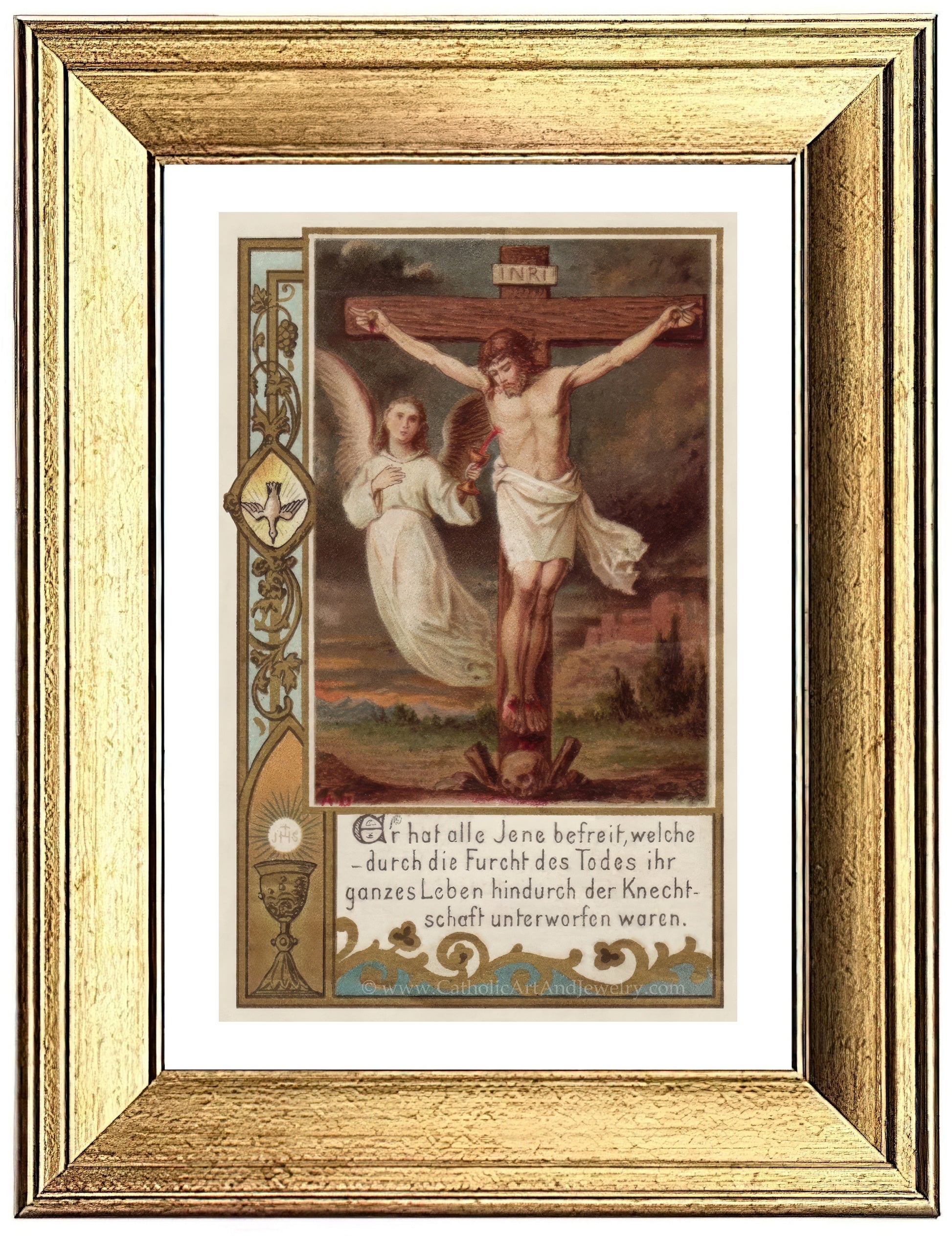 a painting of jesus on the cross with an angel