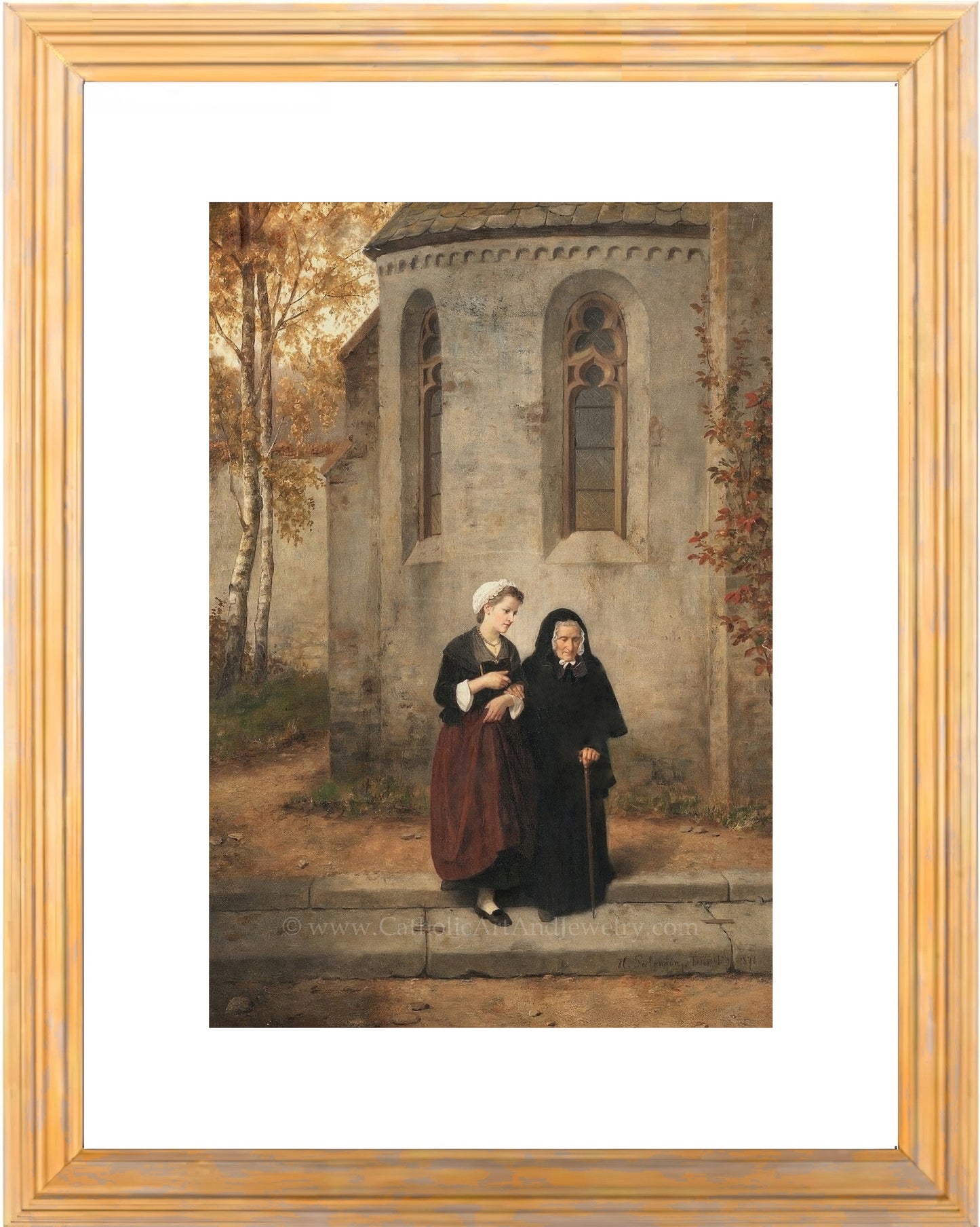 a painting of two women standing in front of a building