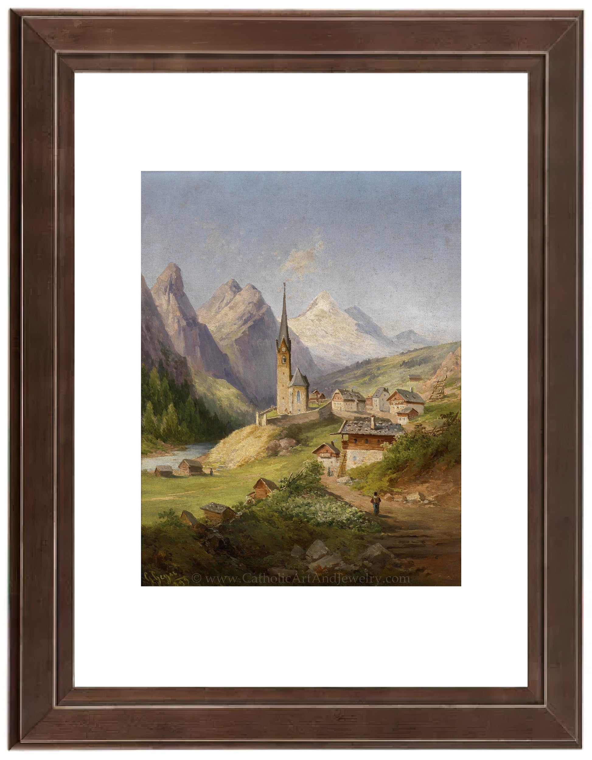 a painting of a village in the mountains