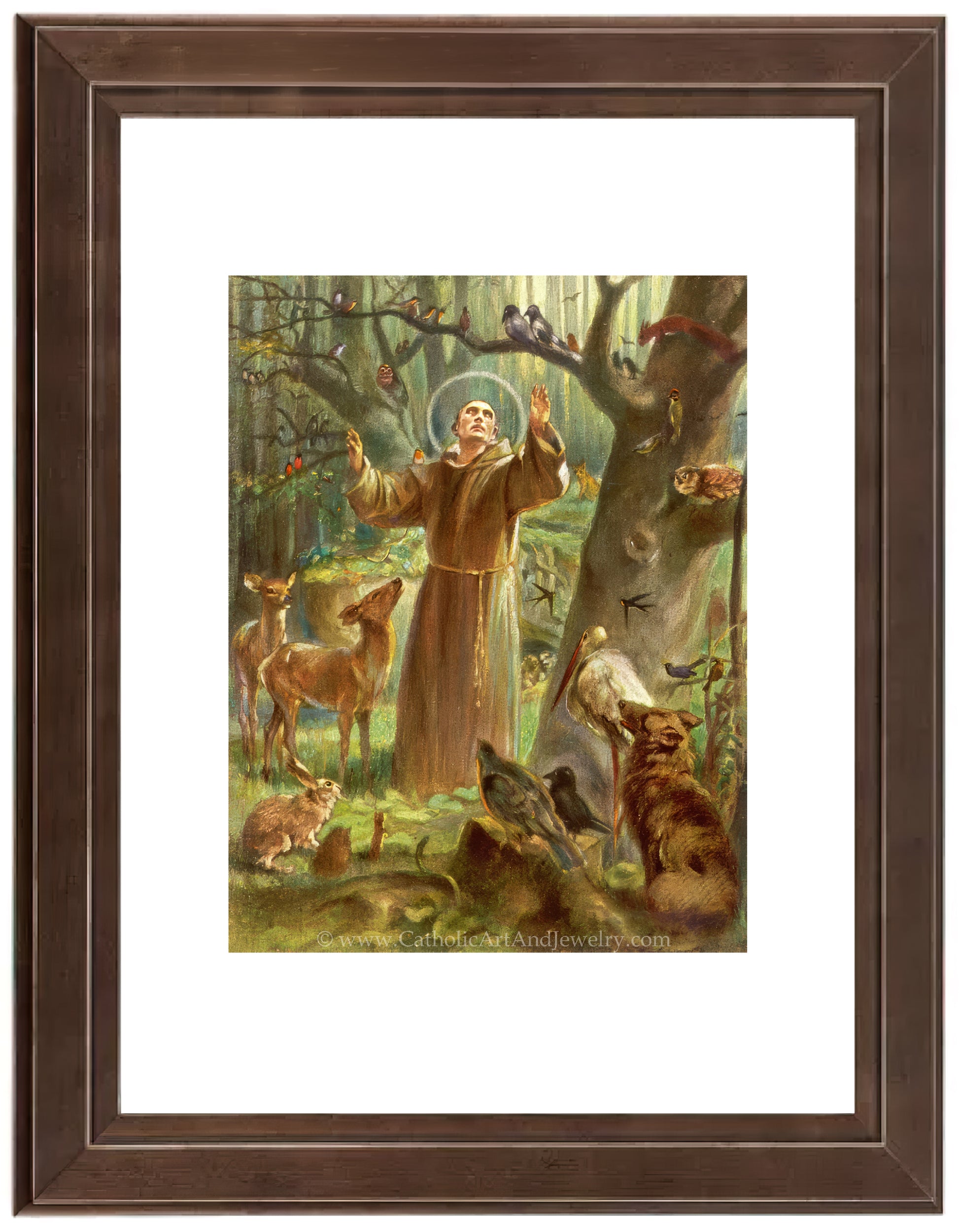 a painting of a man in a forest surrounded by animals