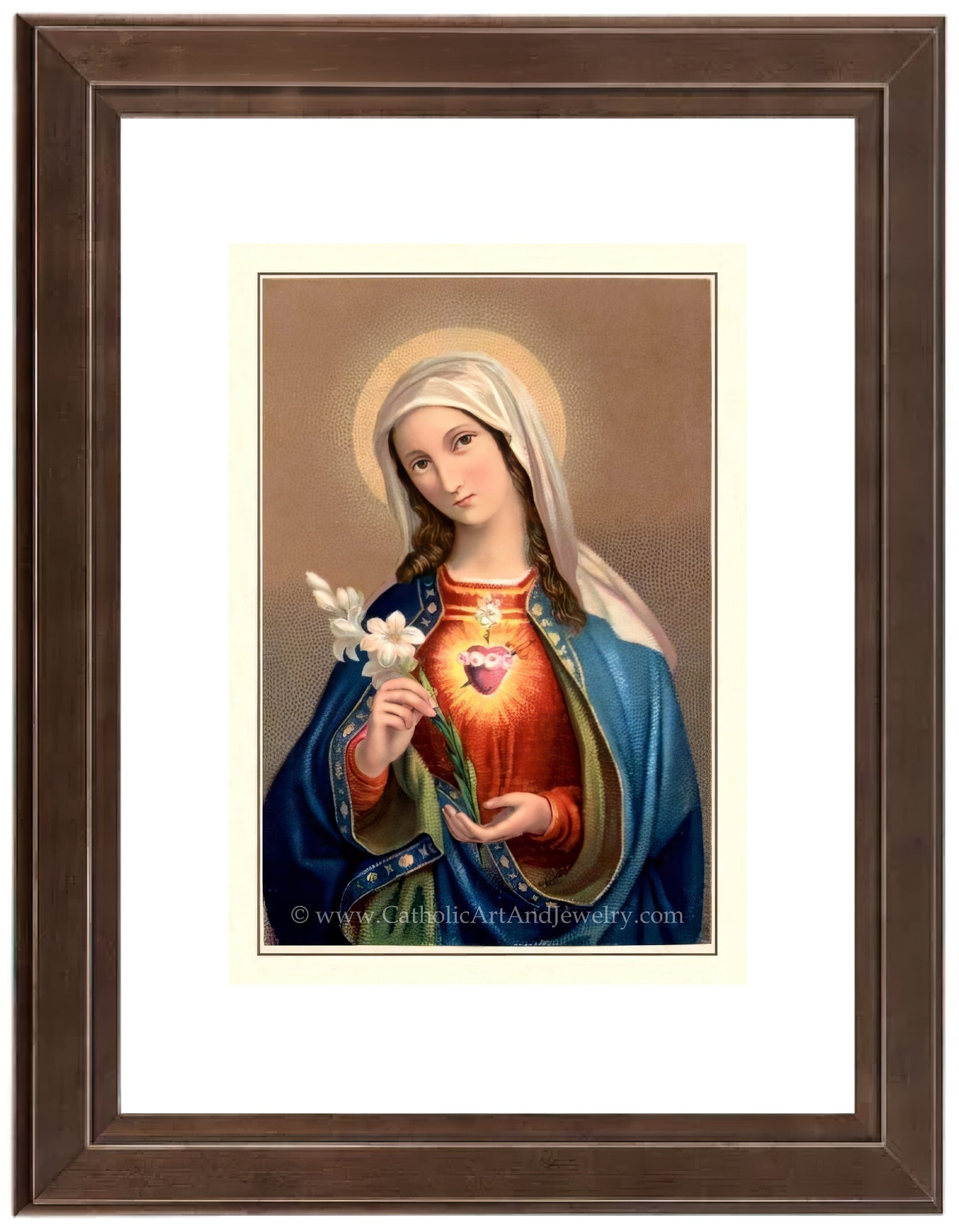 a painting of the virgin mary holding a flower