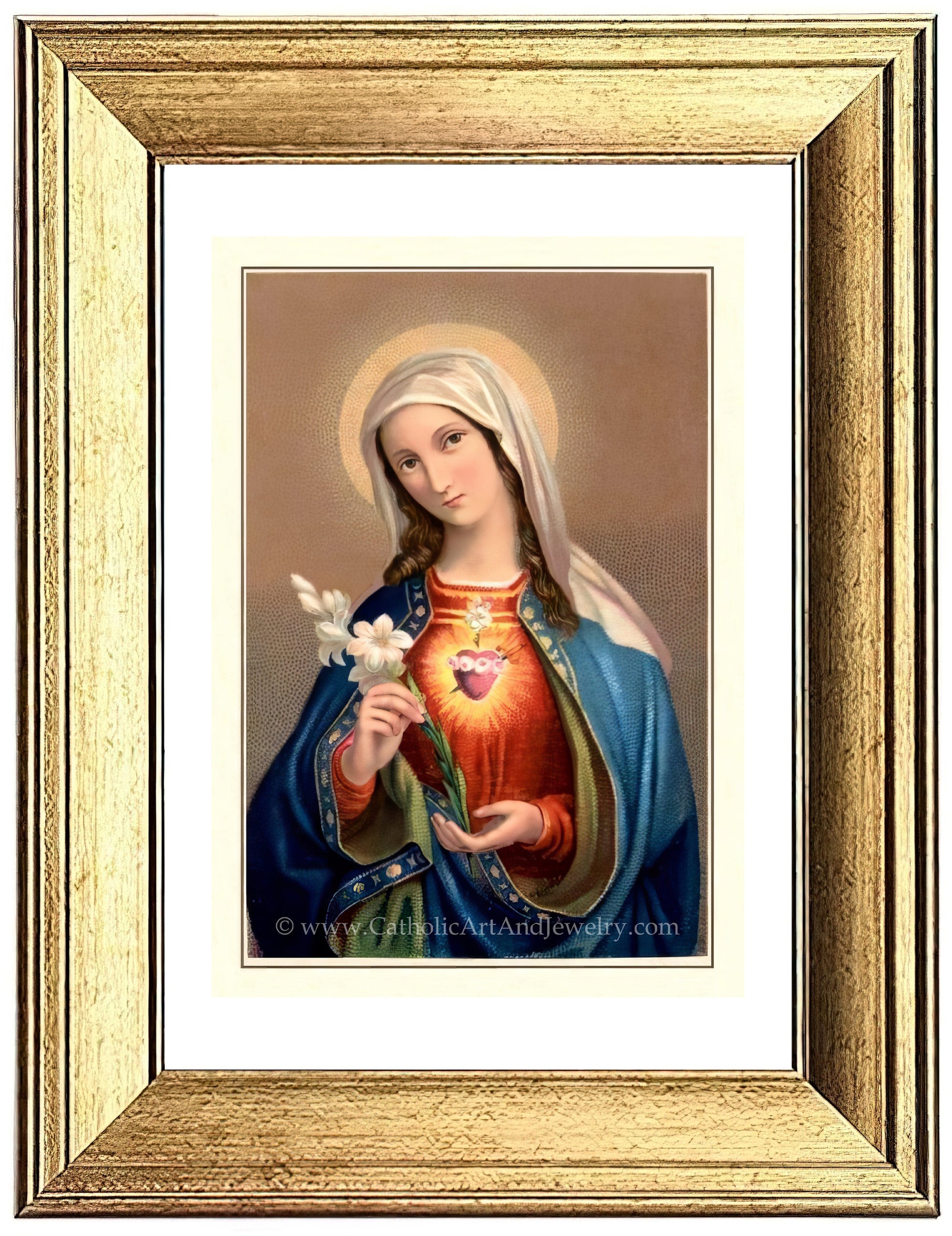 a painting of the virgin mary holding a flower