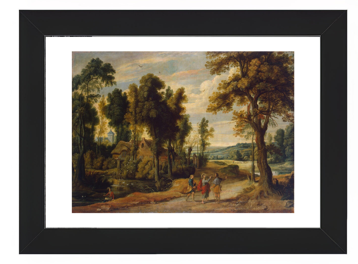 a painting of people walking in a wooded area