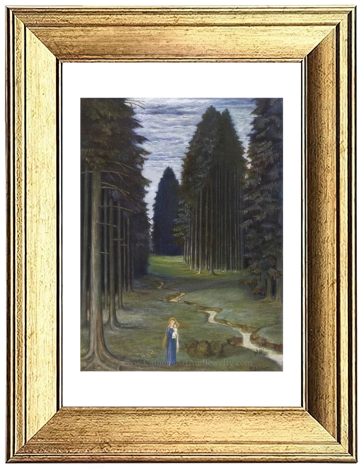 a painting of a person standing in a forest