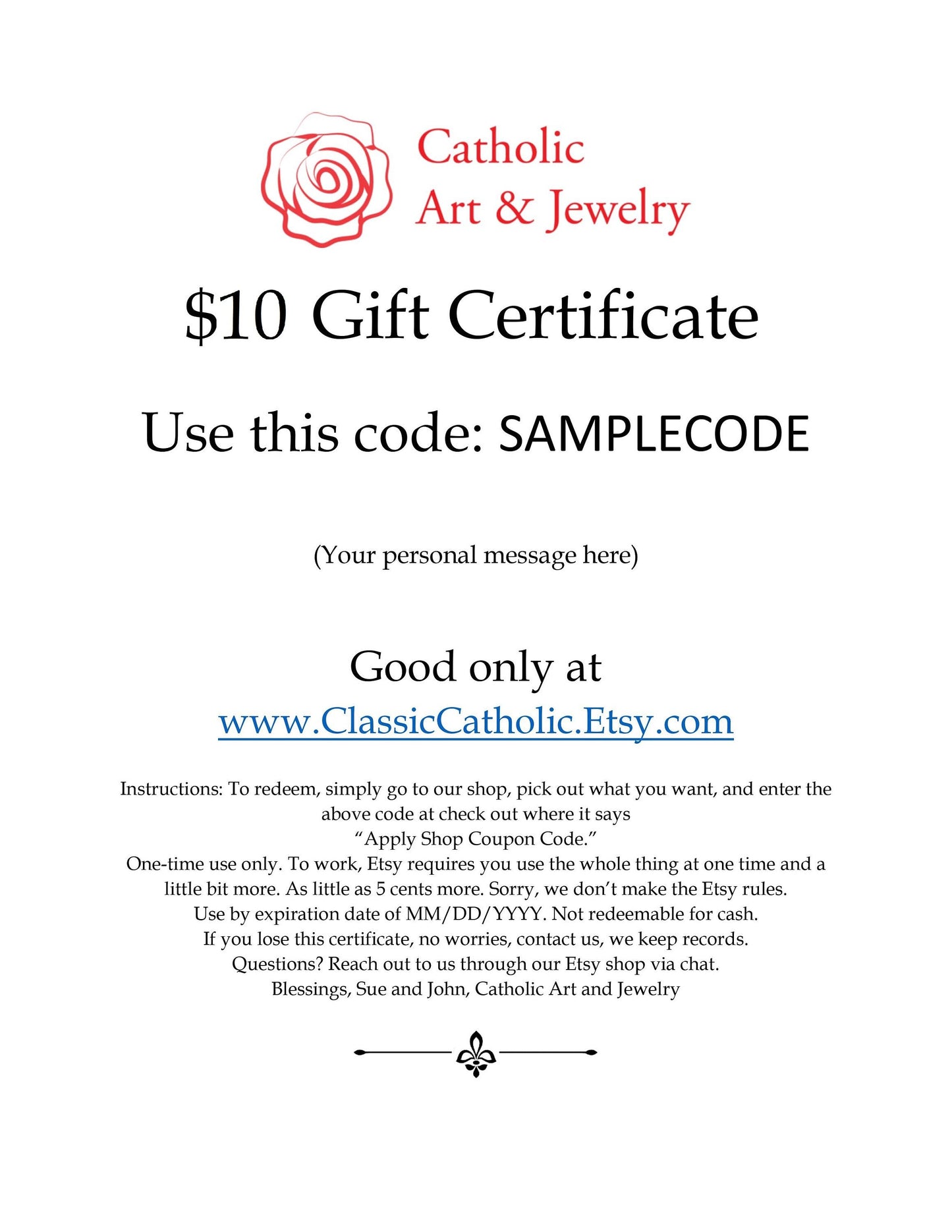 10 Dollar Gift Certificate Only Redeemable in our shop, ClassicCatholic - Catholic Art and Jewelry