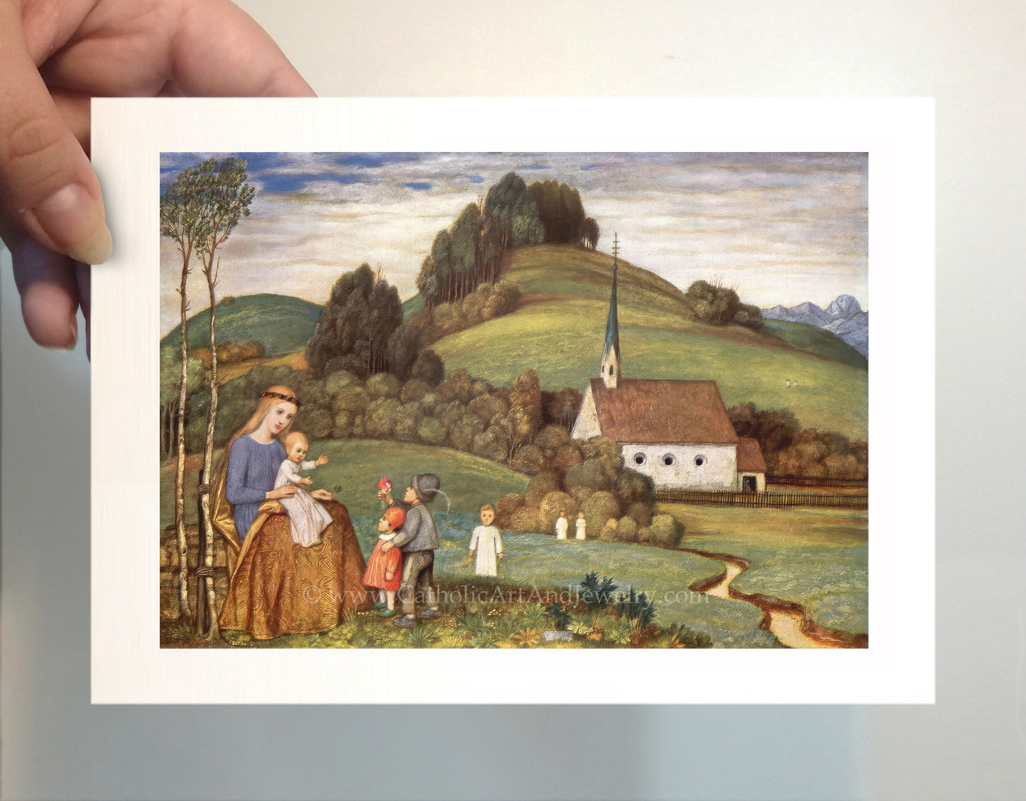 a picture of a painting of a family on a farm