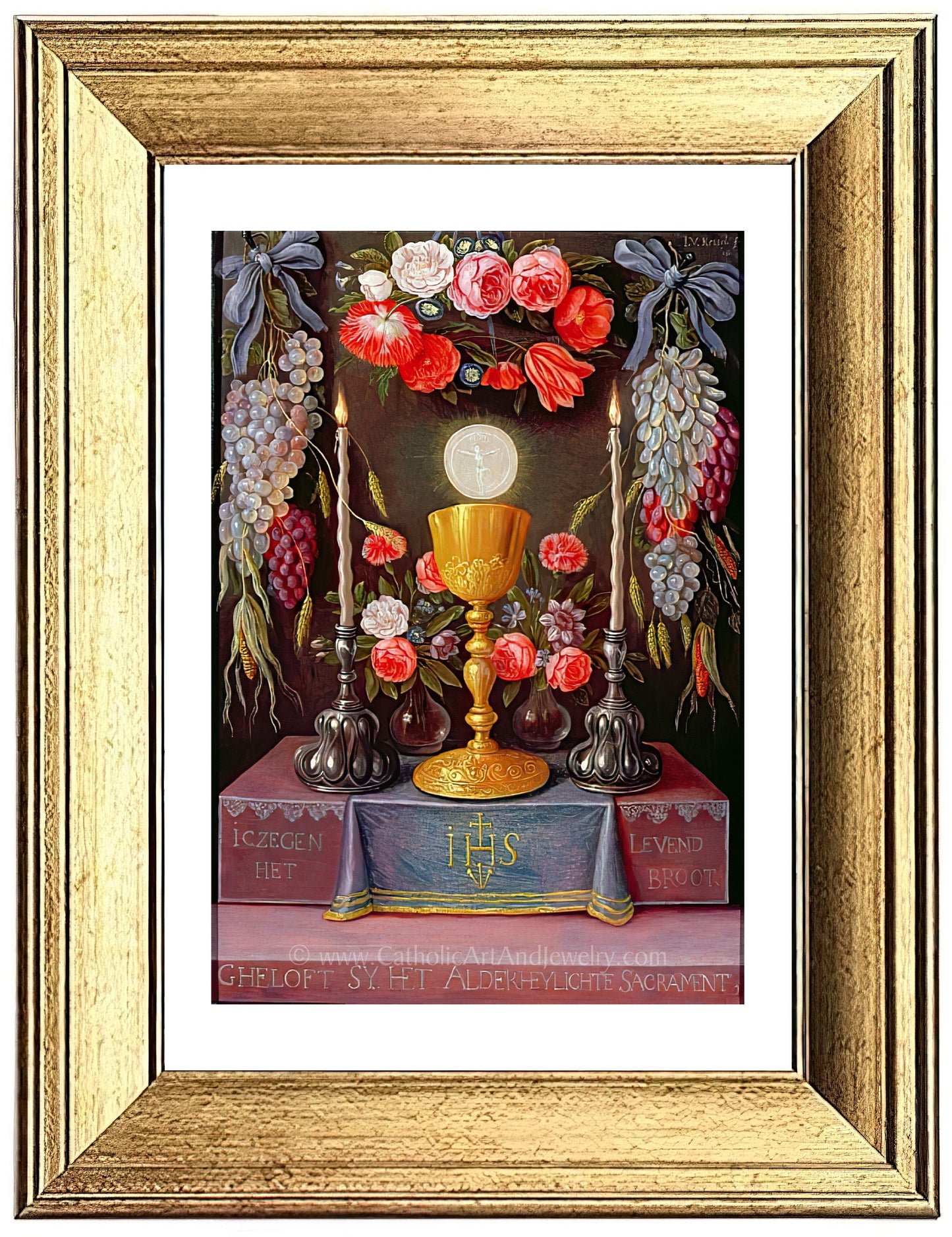 a painting of a golden chalice with flowers on it