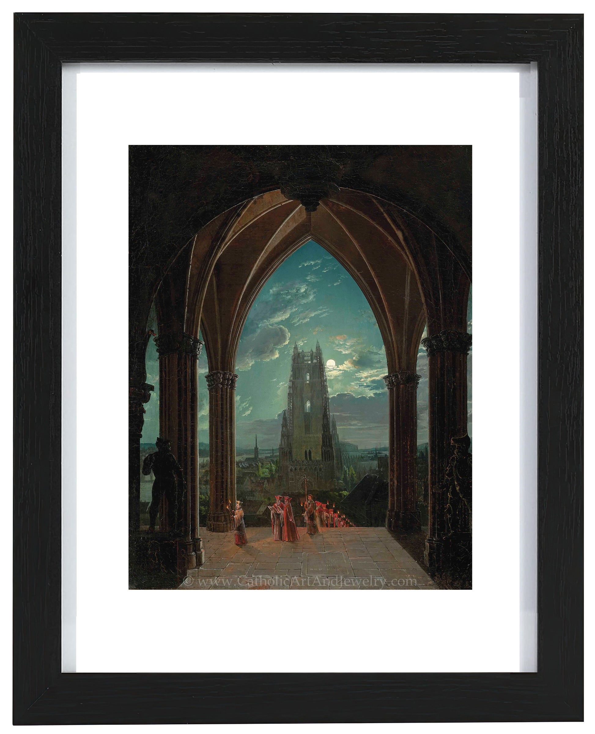 a painting of a cathedral with a clock tower in the background