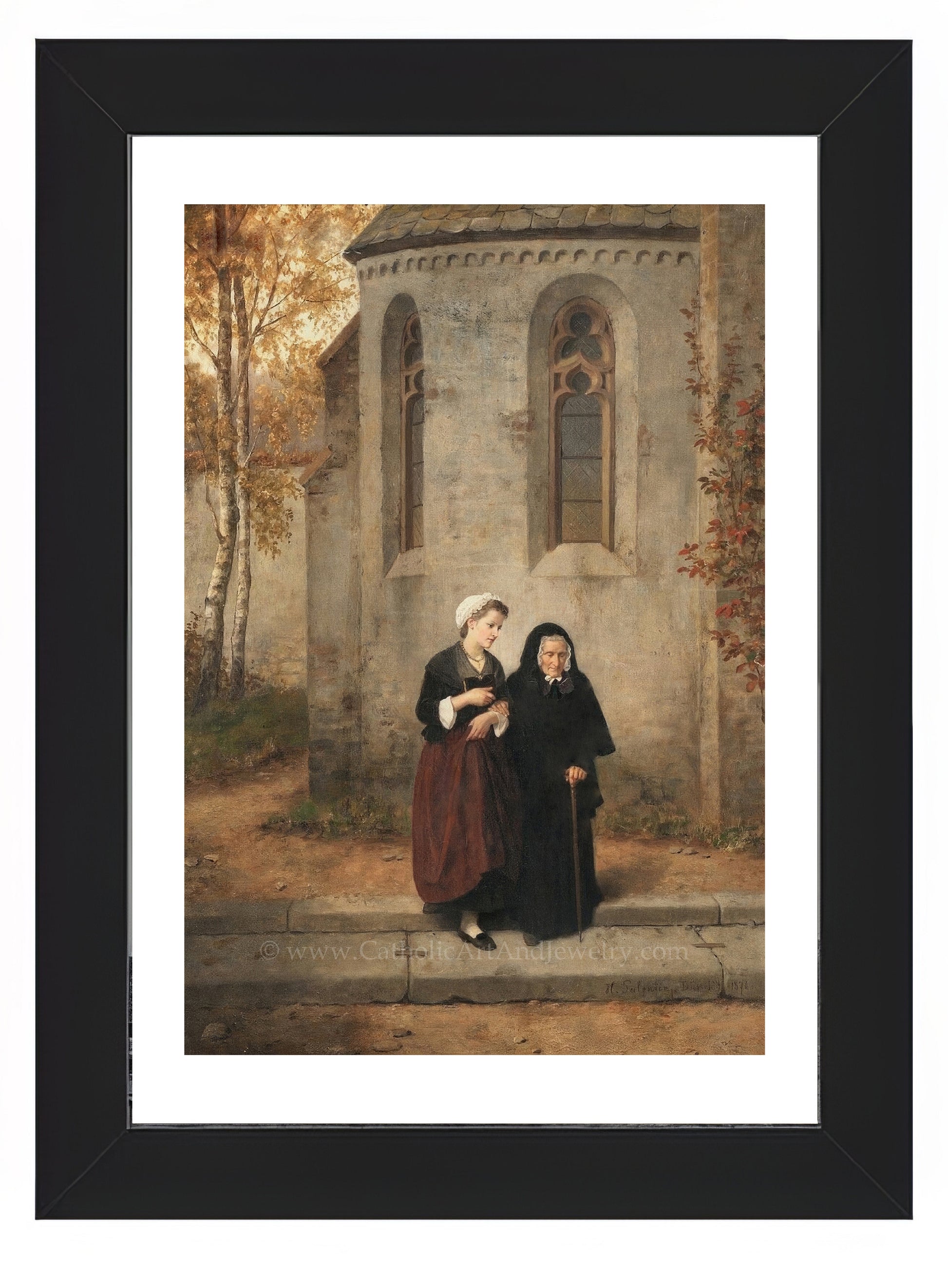 a painting of two women standing in front of a building