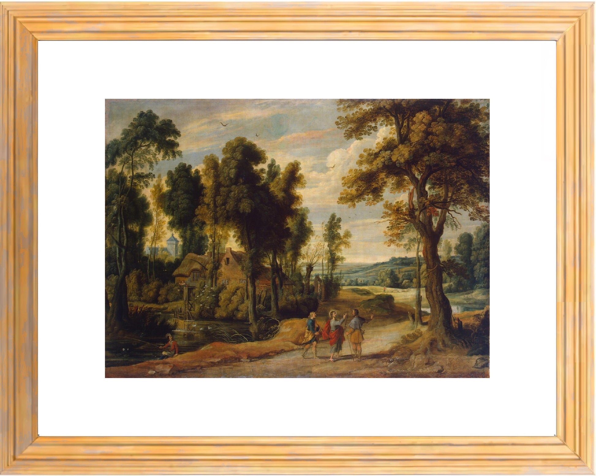 a painting of people walking in a wooded area