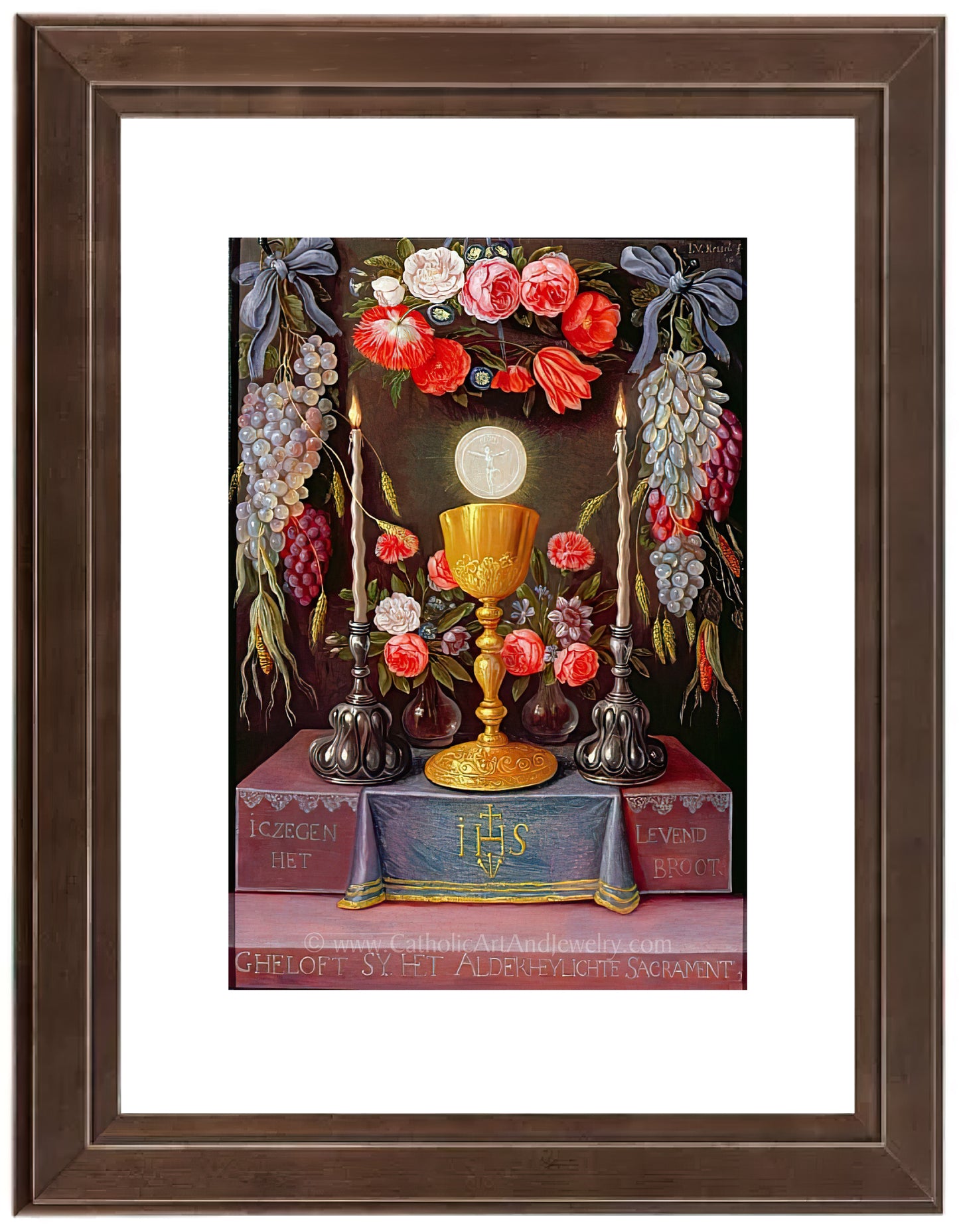 a painting of a gold chalice surrounded by flowers