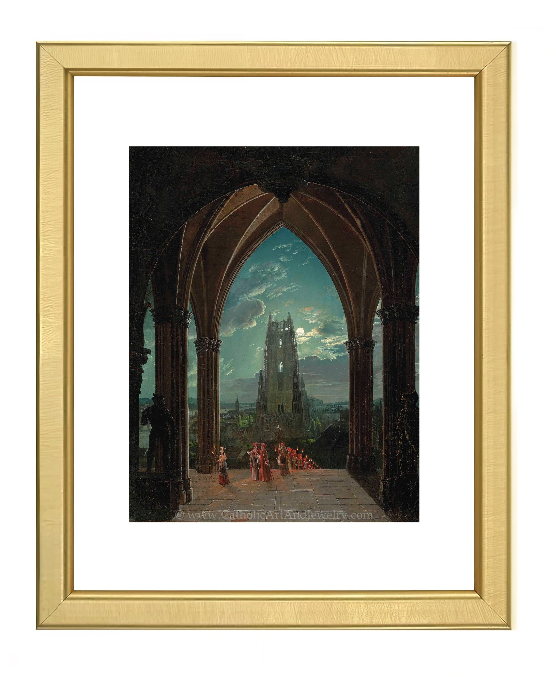 a painting of a cathedral with a clock tower in the background