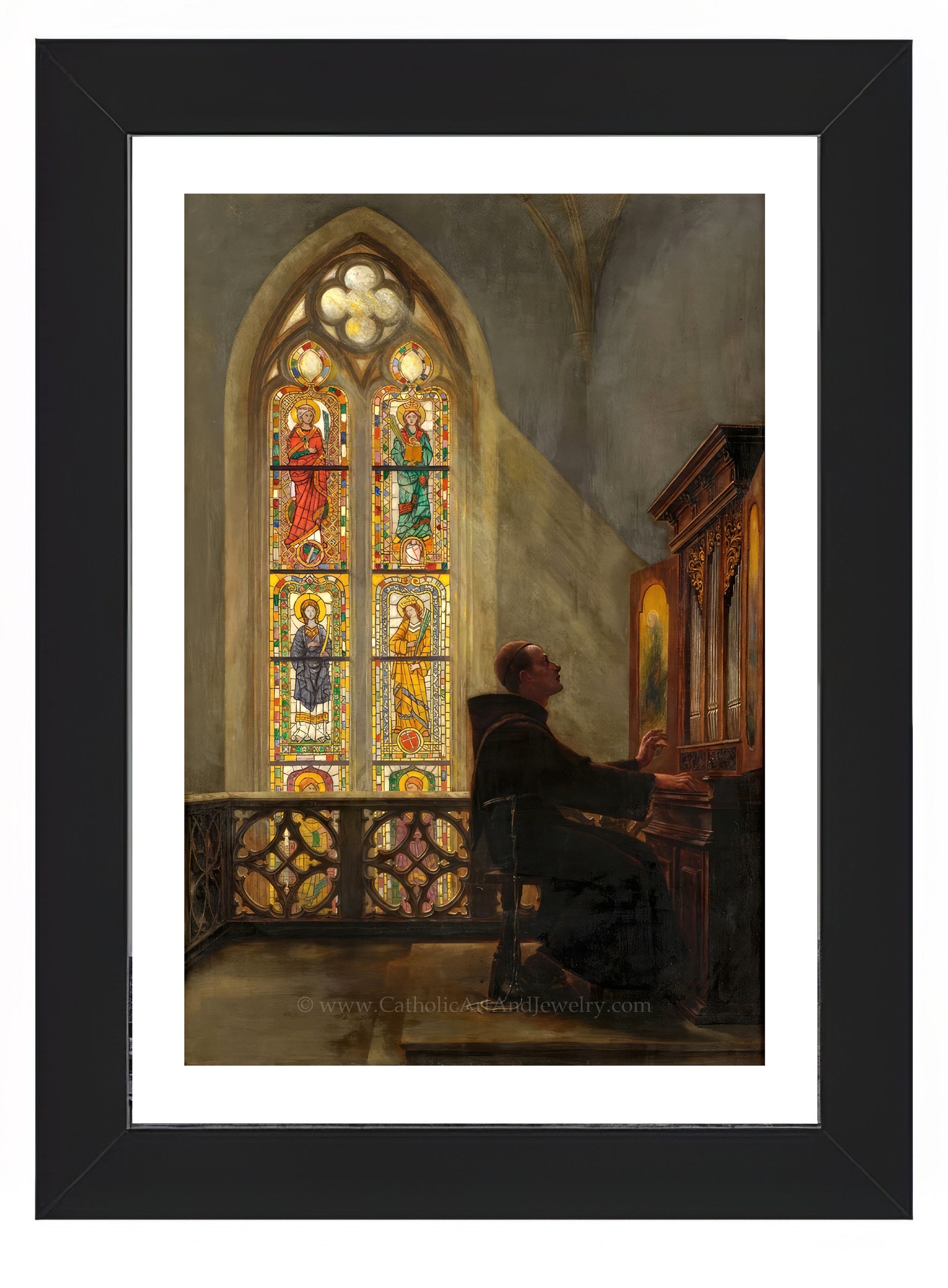 a painting of a man sitting in front of a stained glass window