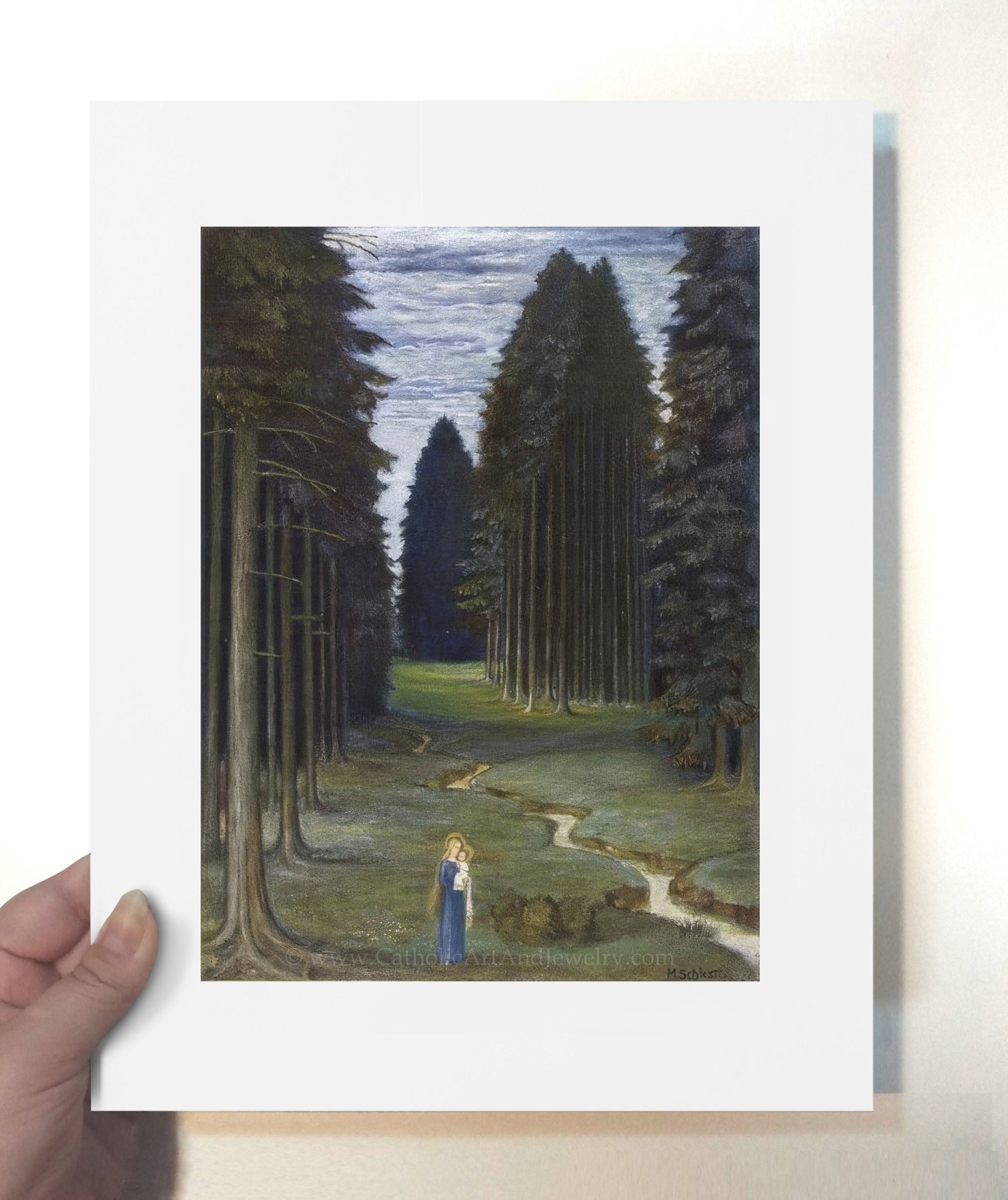 a painting of a person standing in a forest