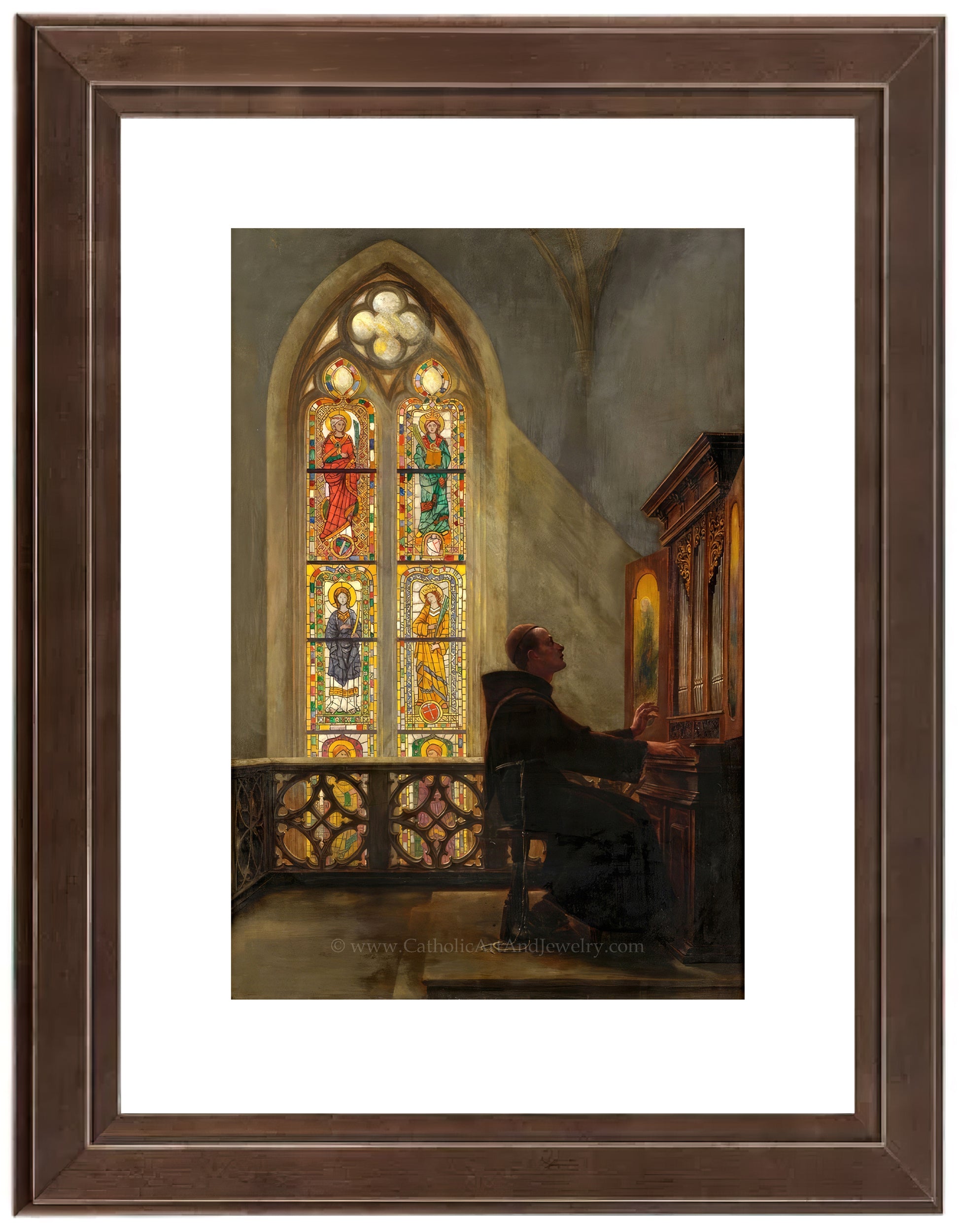 a painting of a man sitting in front of a stained glass window