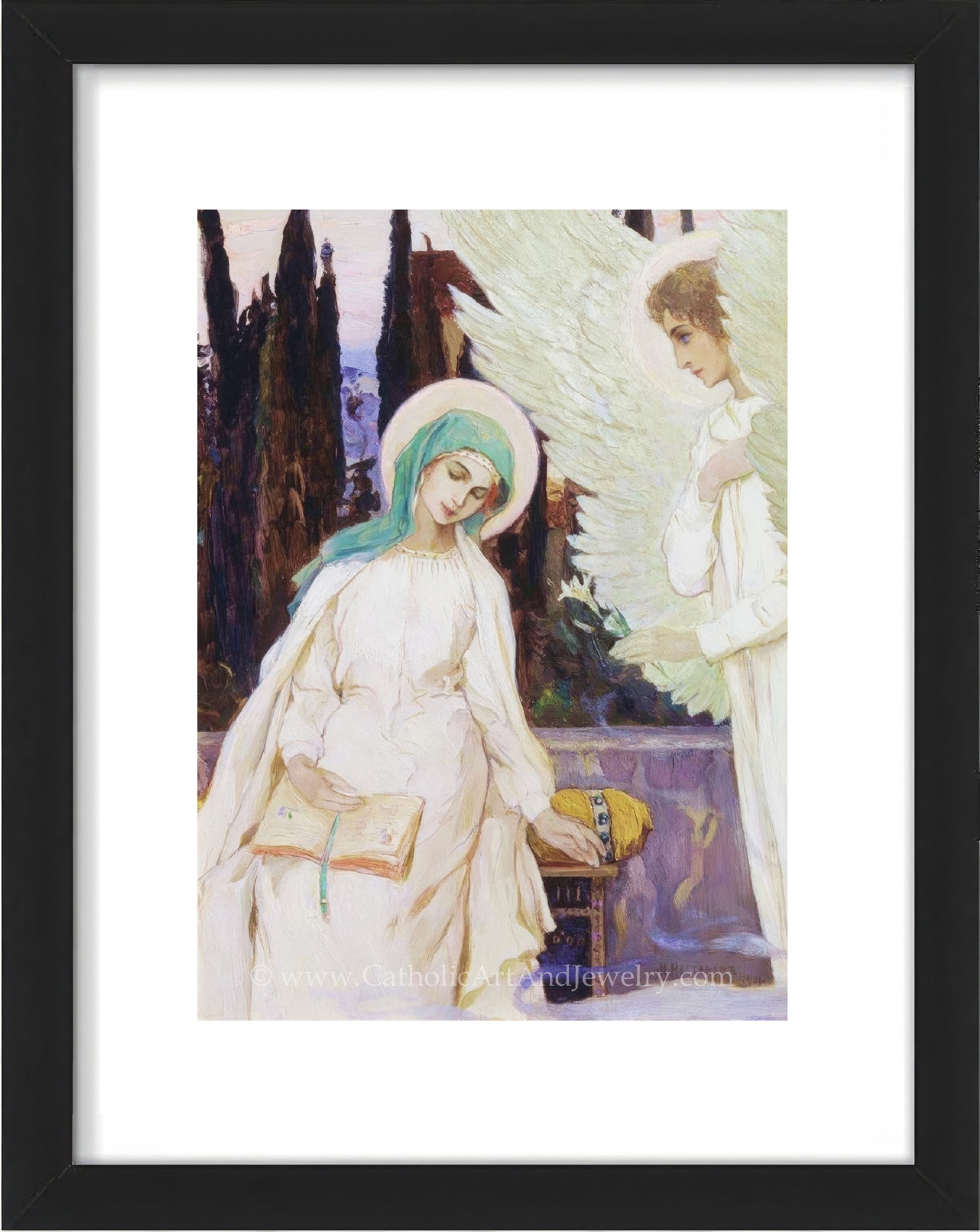 a painting of an angel standing next to a woman