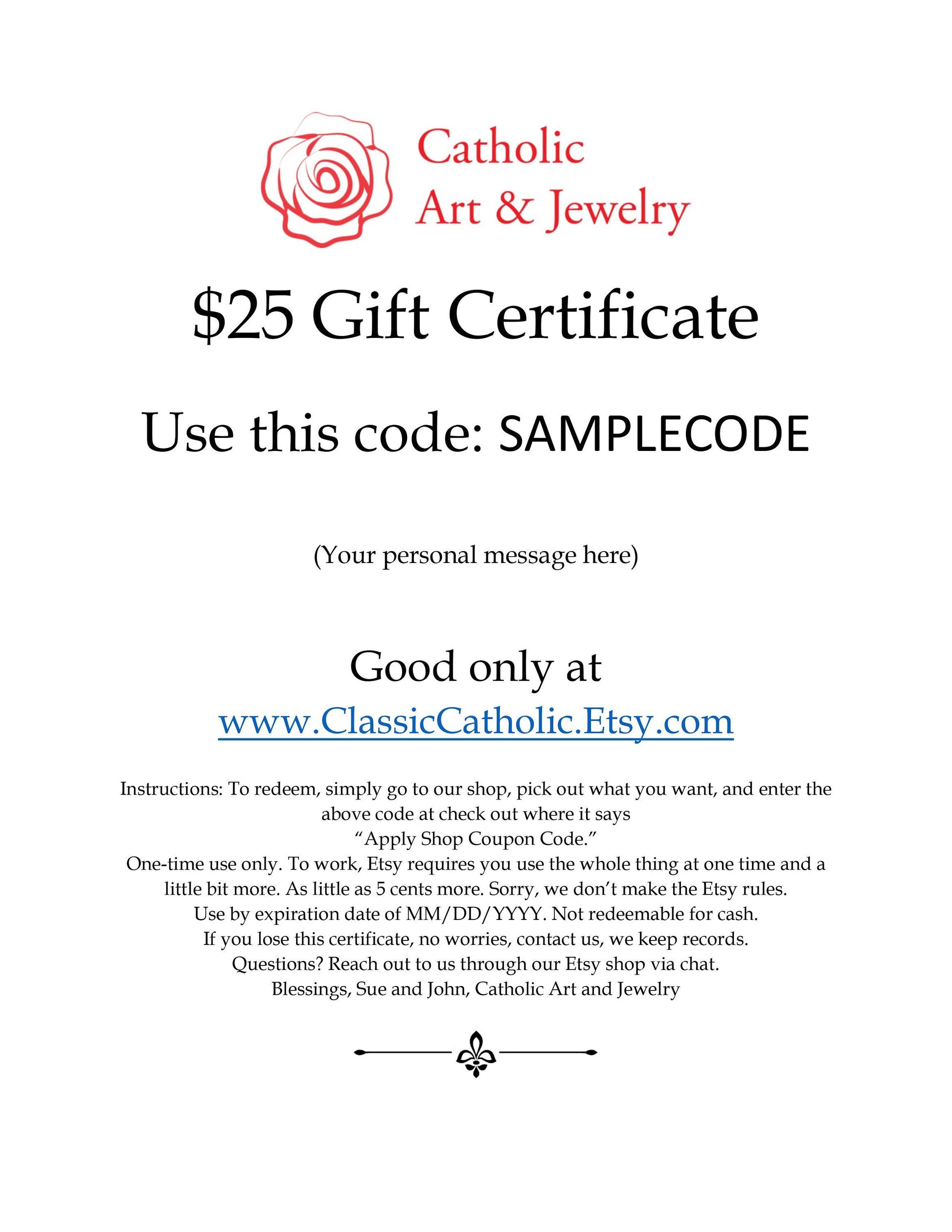 25 Dollar Gift Certificate Only Redeemable in our shop, ClassicCatholic - Catholic Art and Jewelry