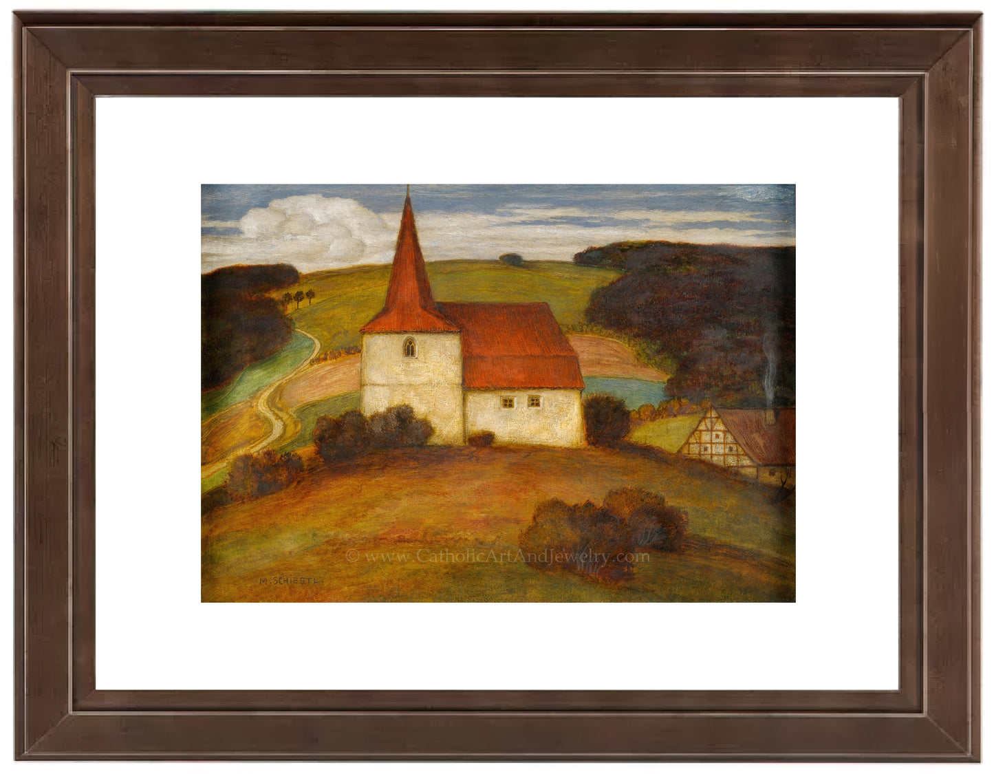 a painting of a church on a hill