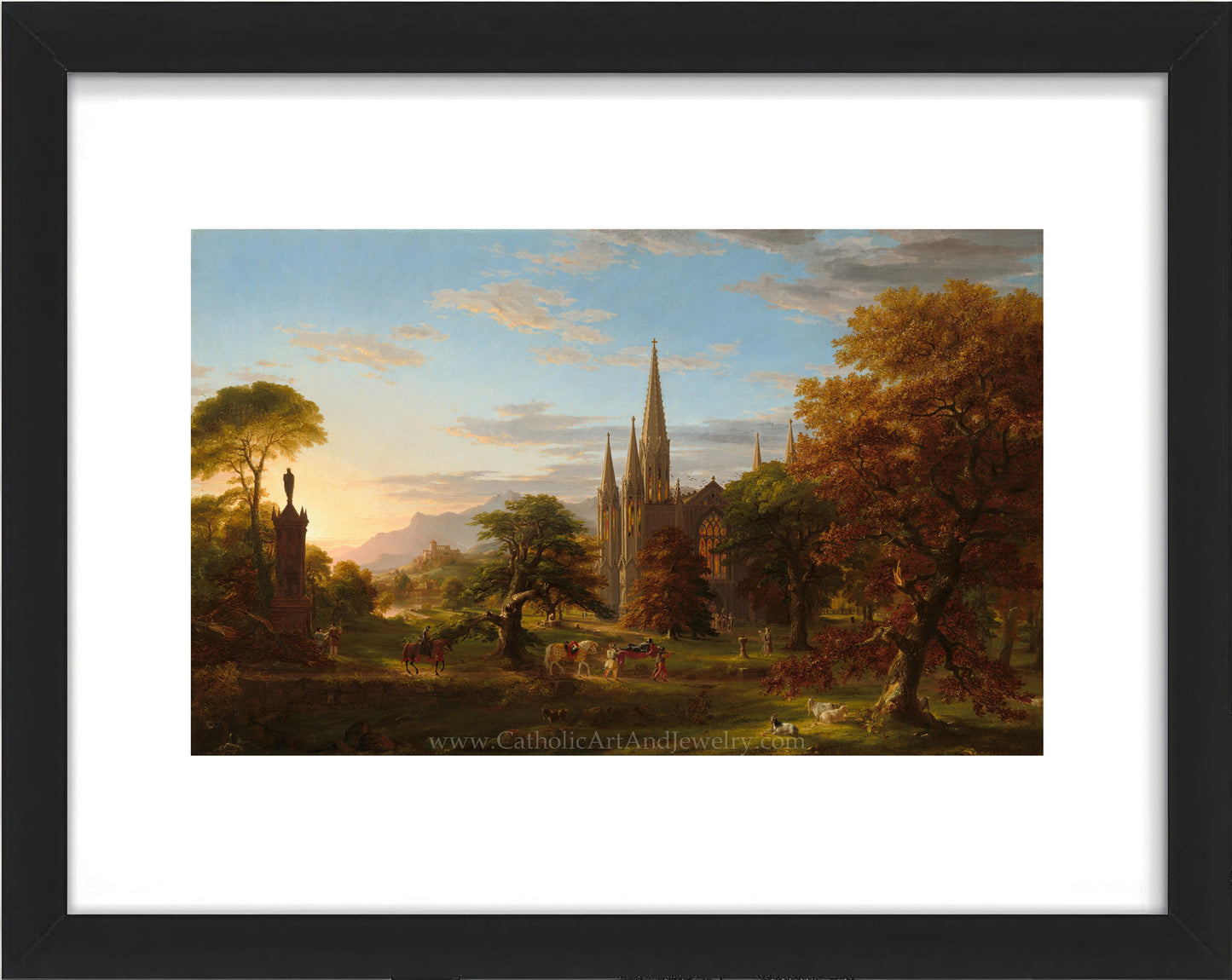 a painting of a church in a wooded area