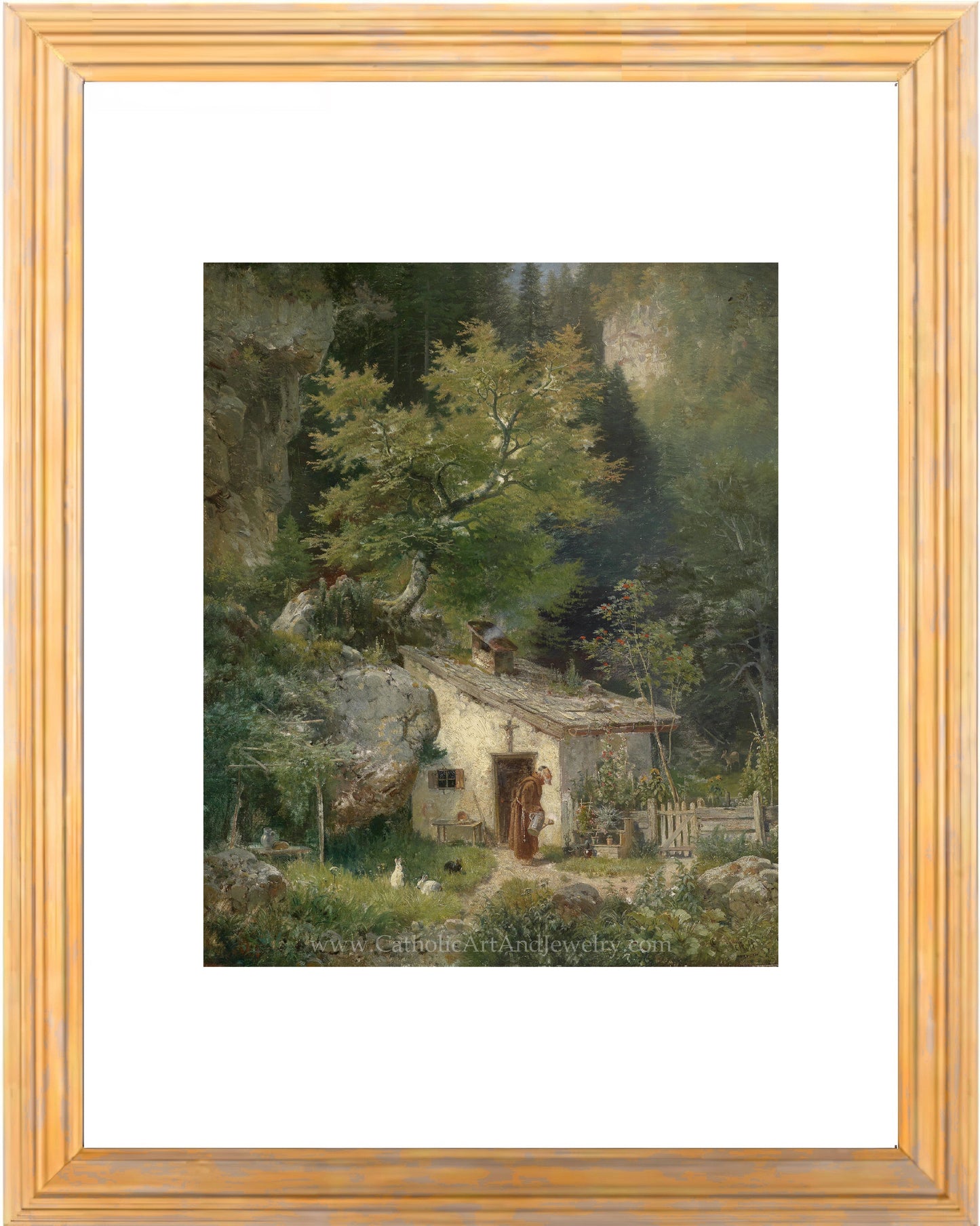 a painting of a cottage in the woods