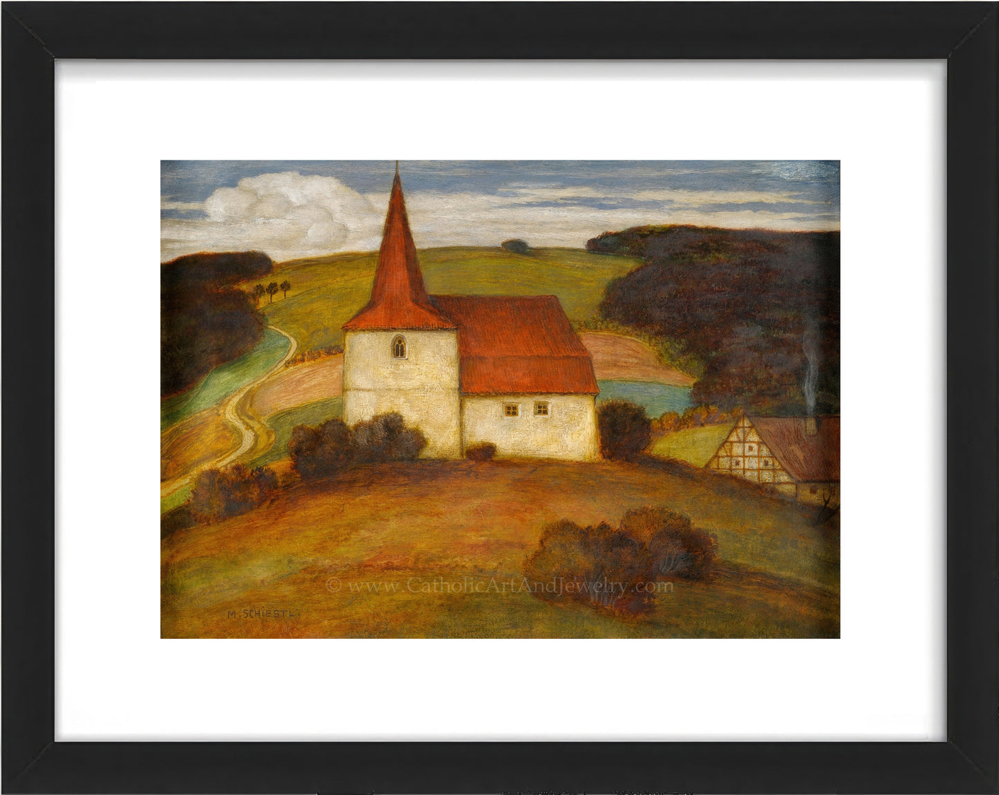 a painting of a church on a hill