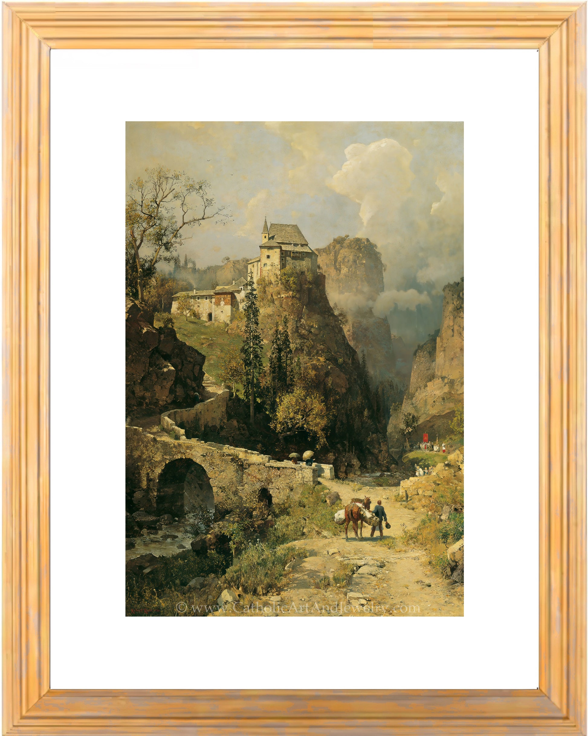 a painting of a mountain scene with a castle in the distance