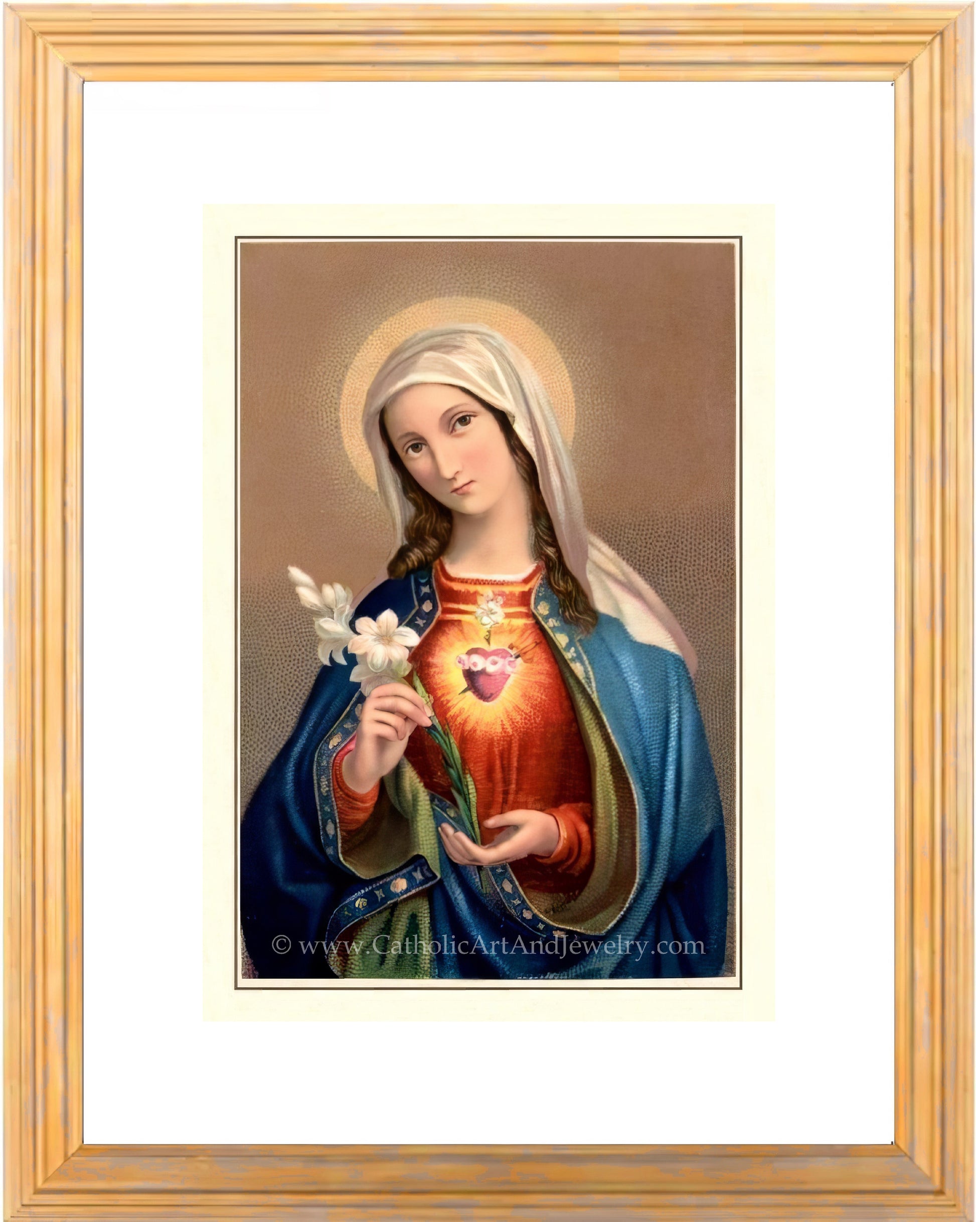 a painting of the virgin mary holding a flower