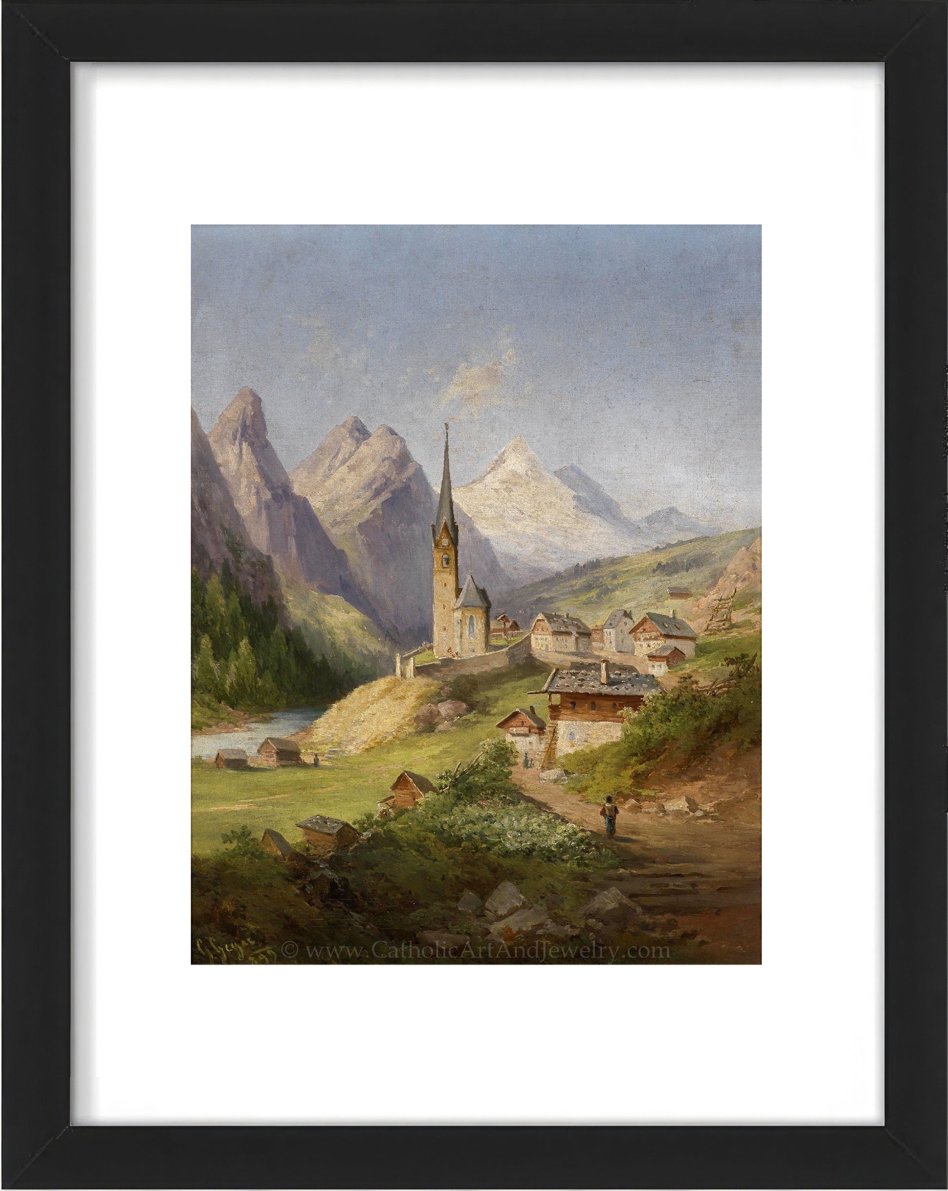 a painting of a village with mountains in the background