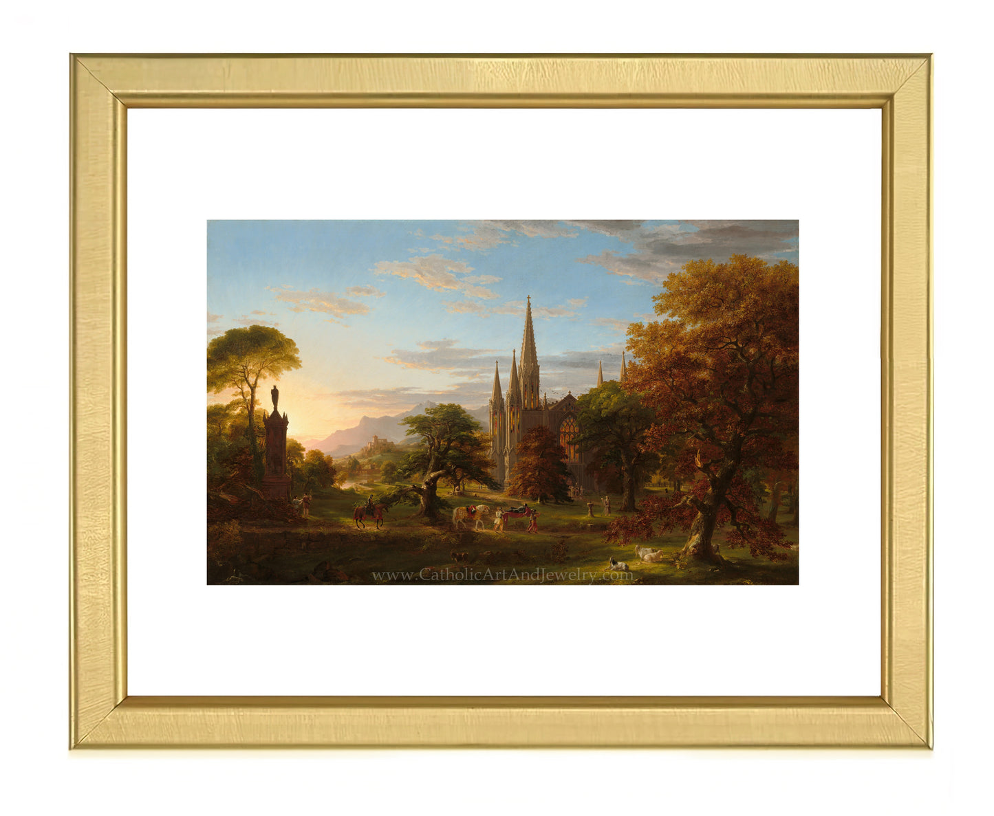 a painting of a church in a wooded area