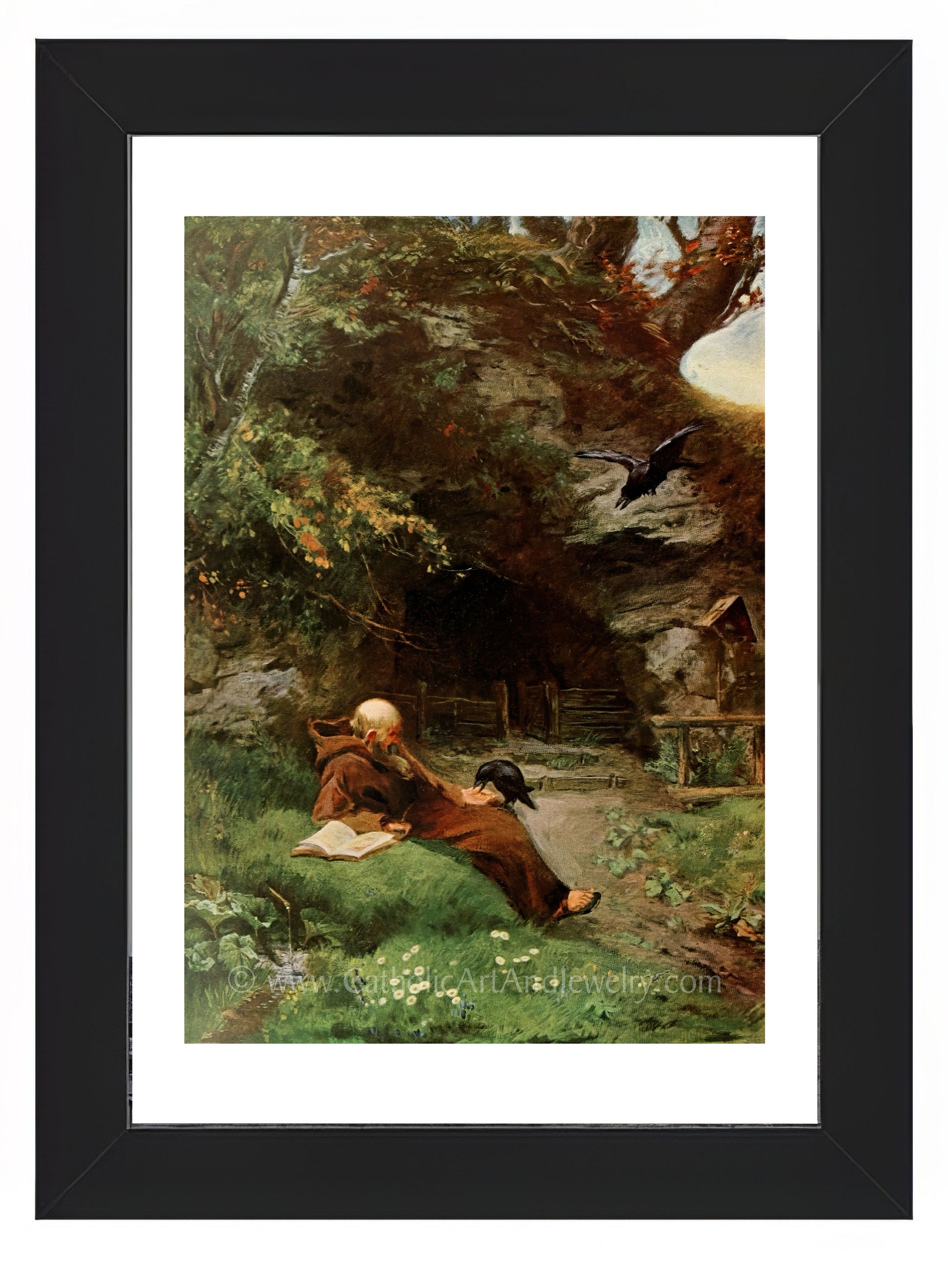 a painting of a man and a dog in a wooded area