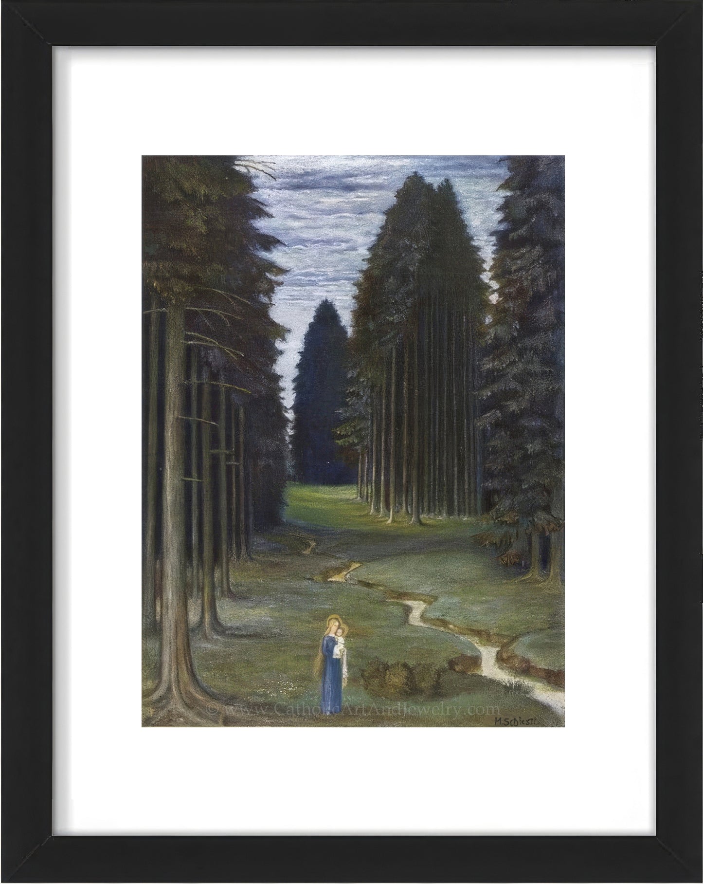 a painting of a woman standing in the middle of a forest