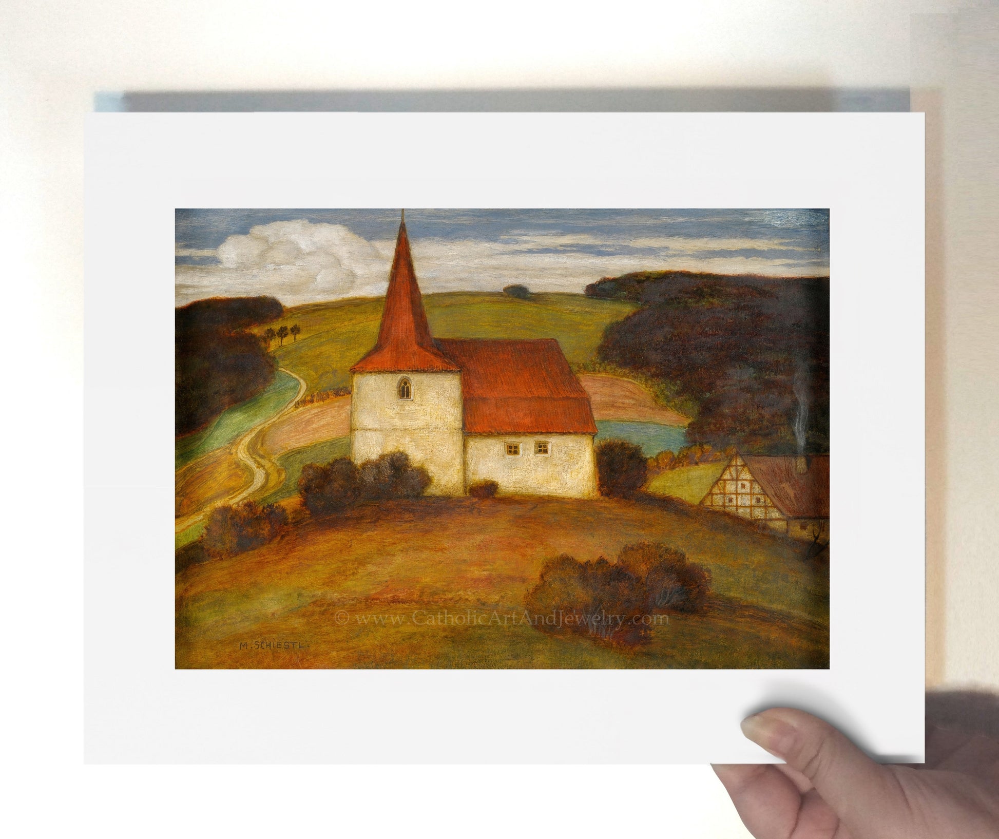 a painting of a church in a field