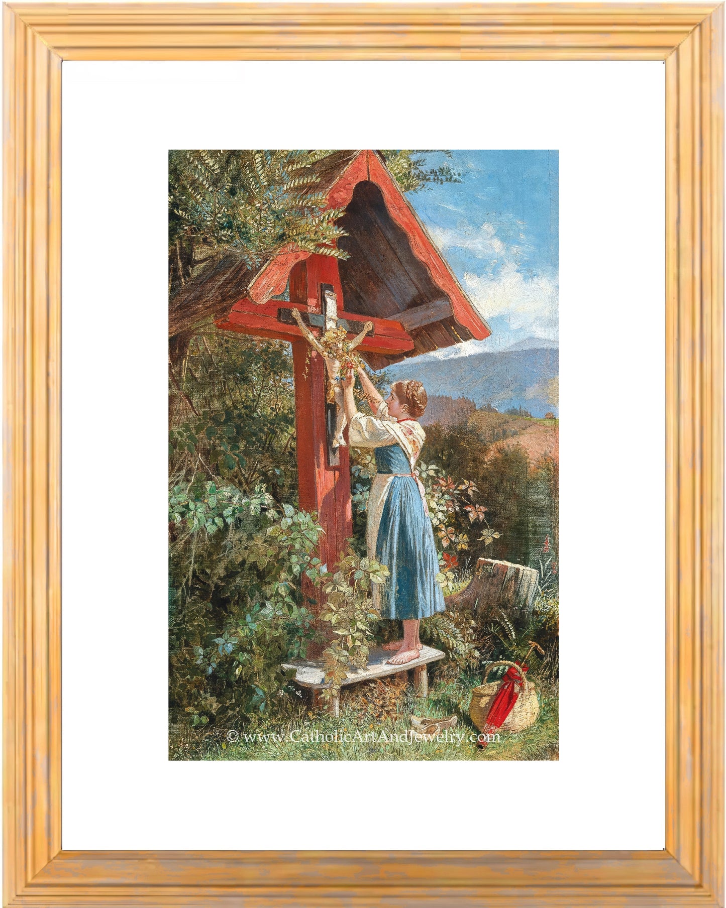 a painting of a woman holding a cross