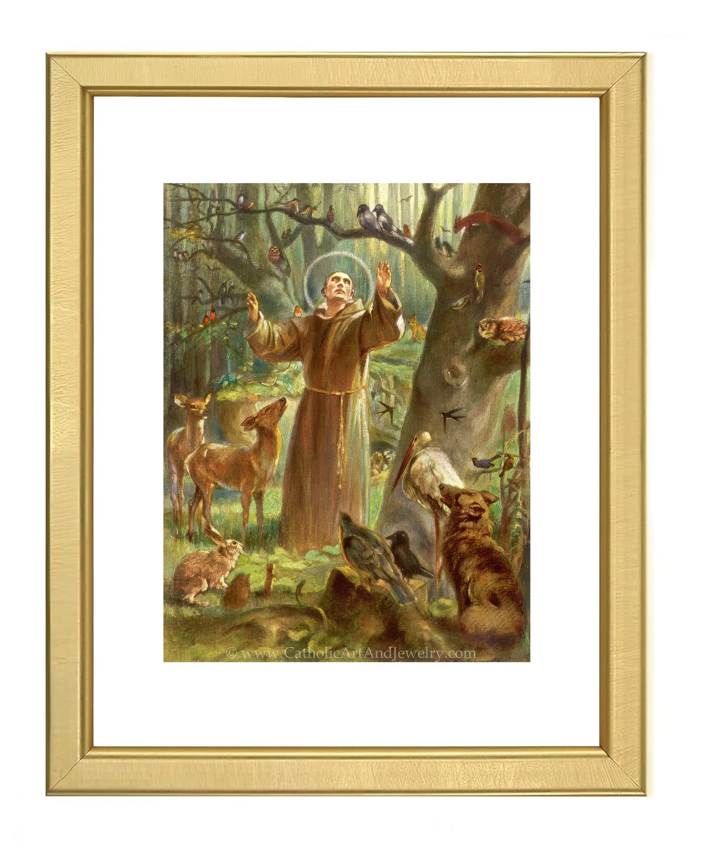 a painting of a man standing in a forest surrounded by animals