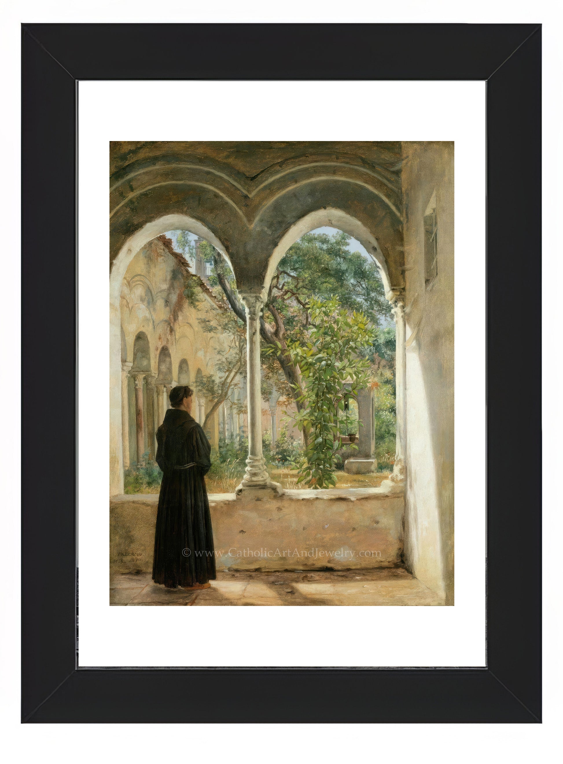 a painting of a woman standing in a courtyard