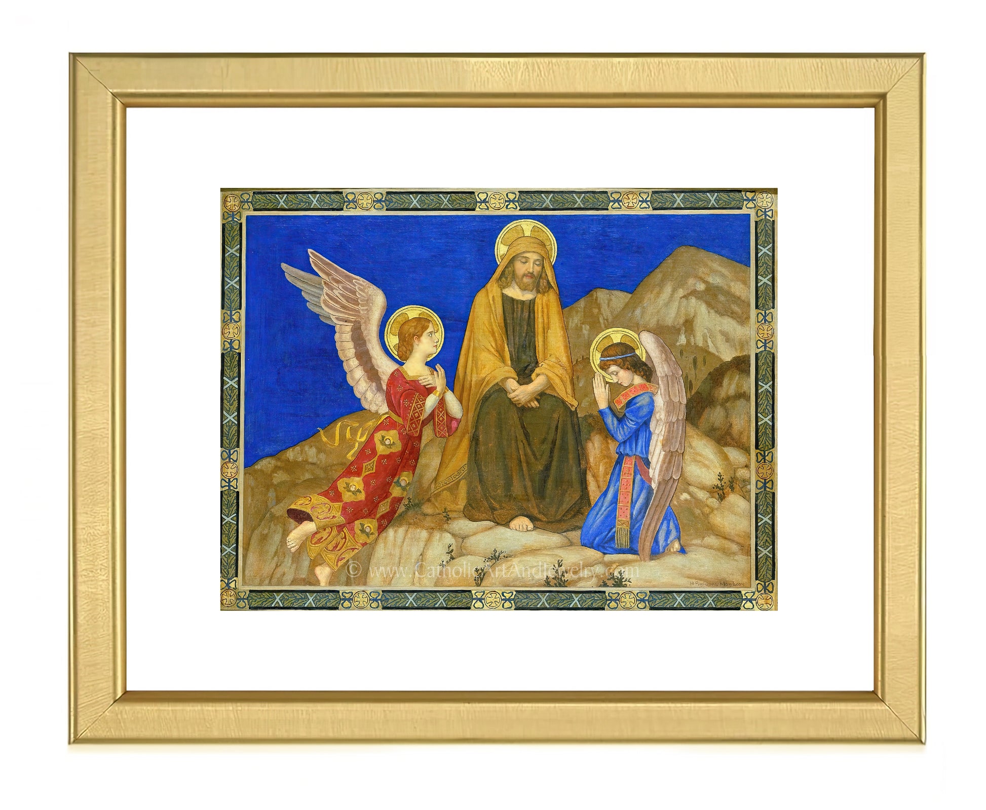 a painting of three angels sitting on a rock