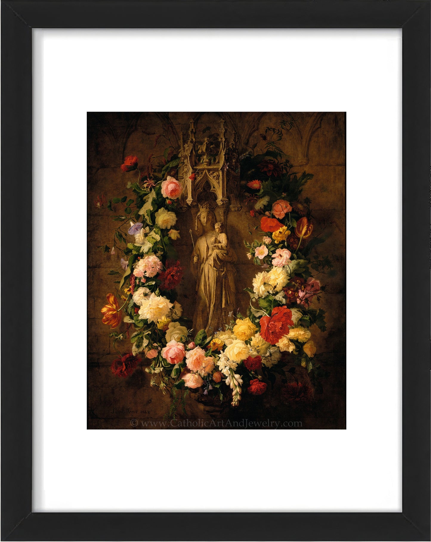 a painting of a statue surrounded by flowers