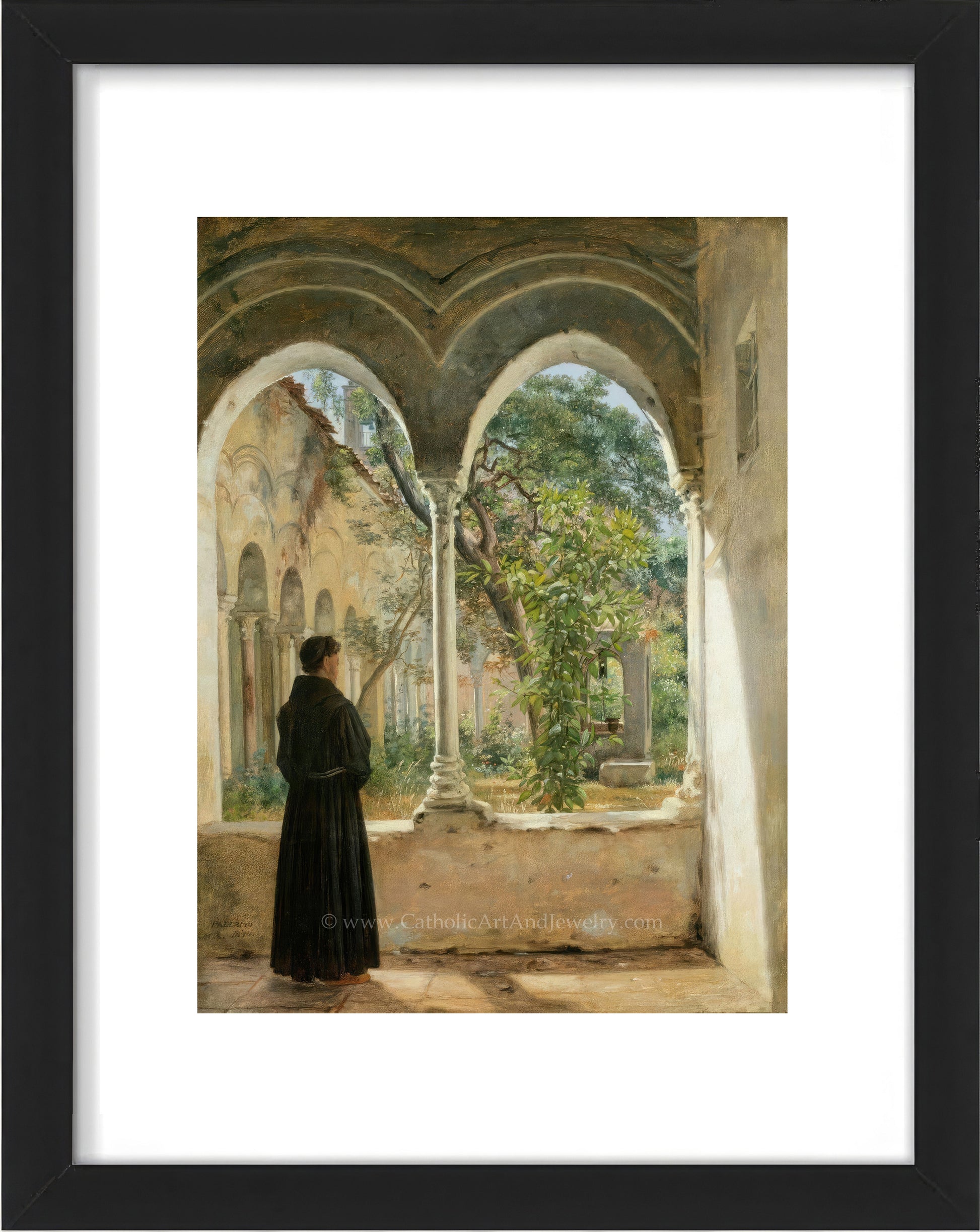 a painting of a woman standing in a courtyard