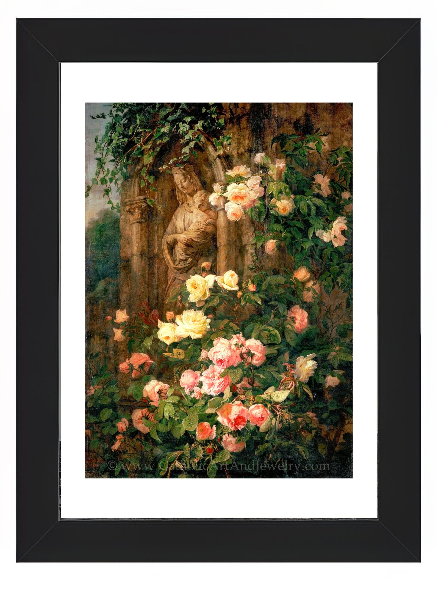 a painting of a statue surrounded by flowers