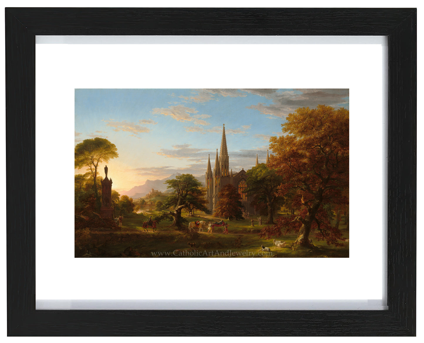 a painting of a church in a wooded area