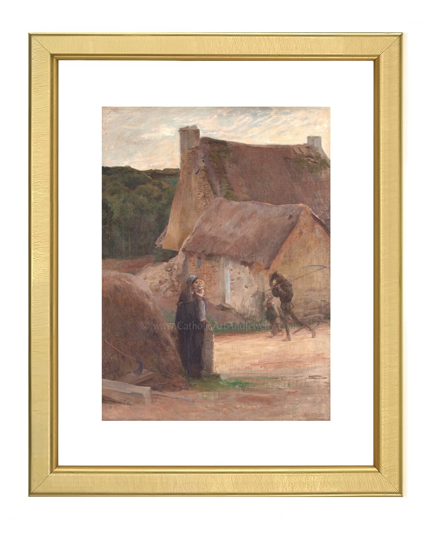 a painting of a man standing in front of a thatched house