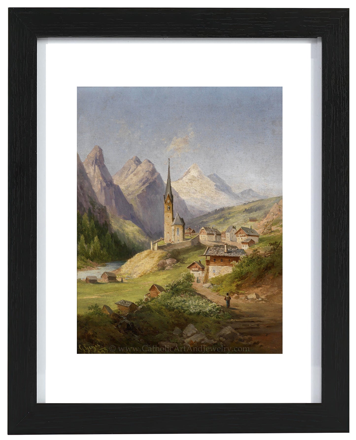 a painting of a village in the mountains