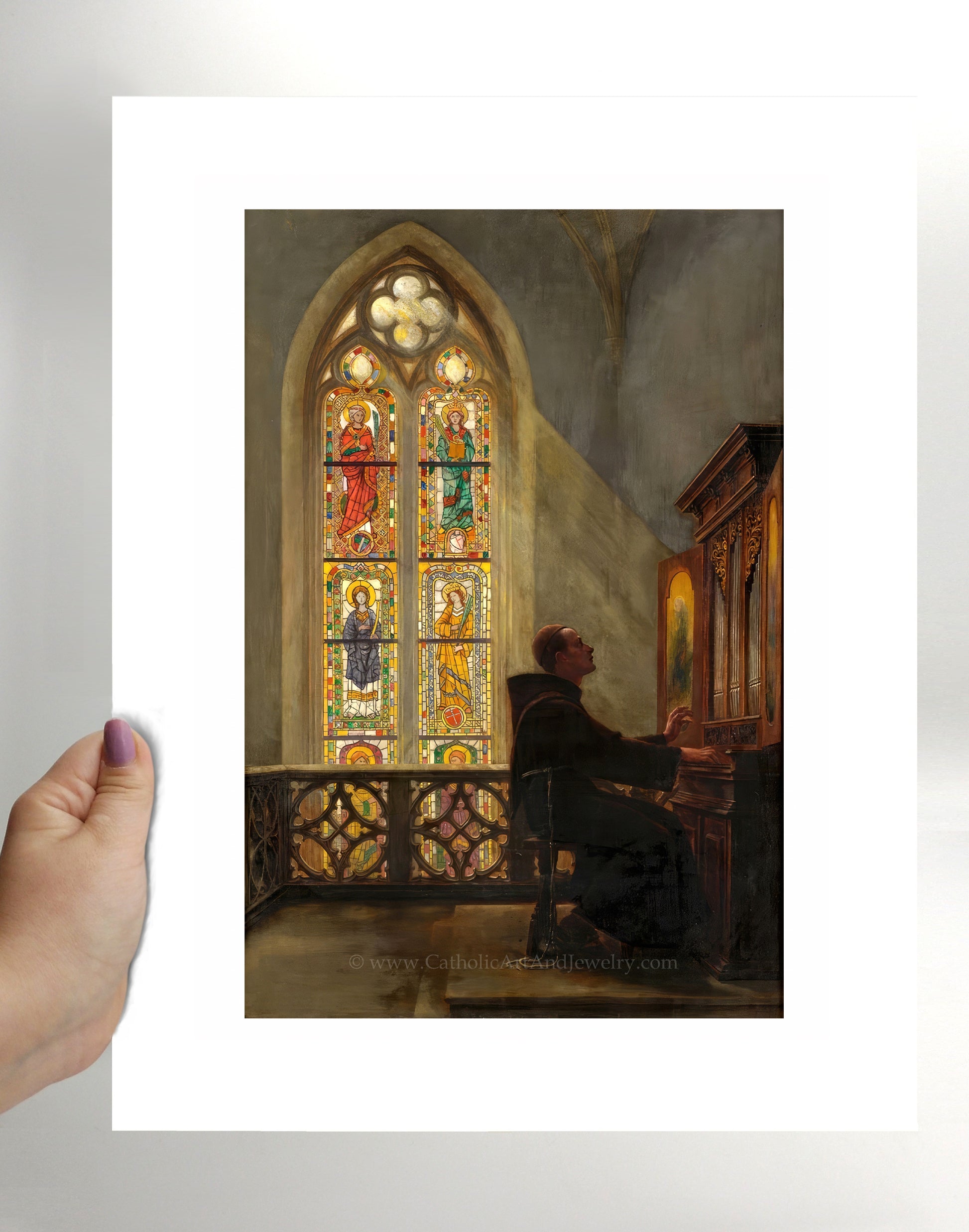 a painting of a man playing a piano in front of a stained glass window