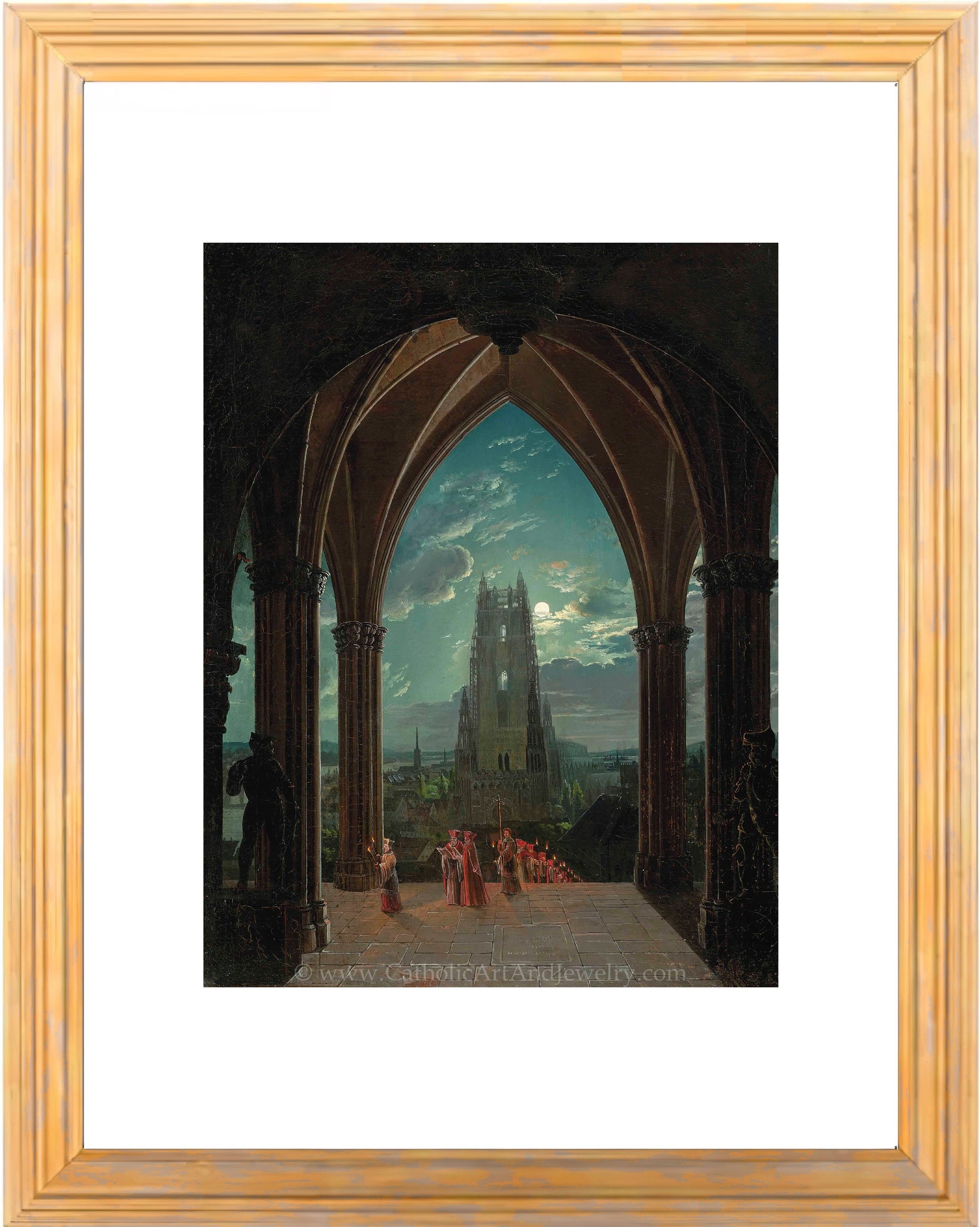 a painting of a cathedral with people standing in front of it