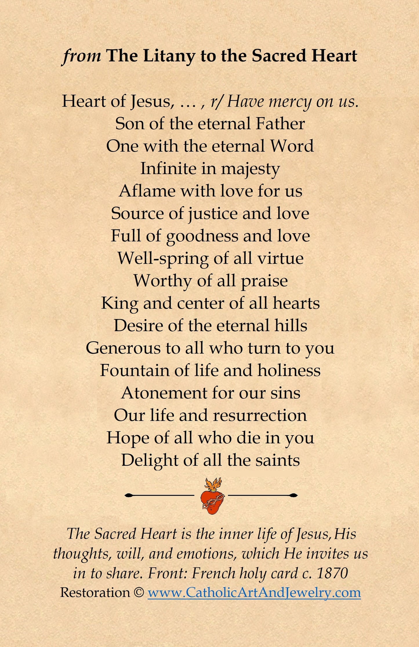 New! Litany of the Sacred Heart – Restored Vintage Sacred Heart Holy Card  – pack of 10/100/1000