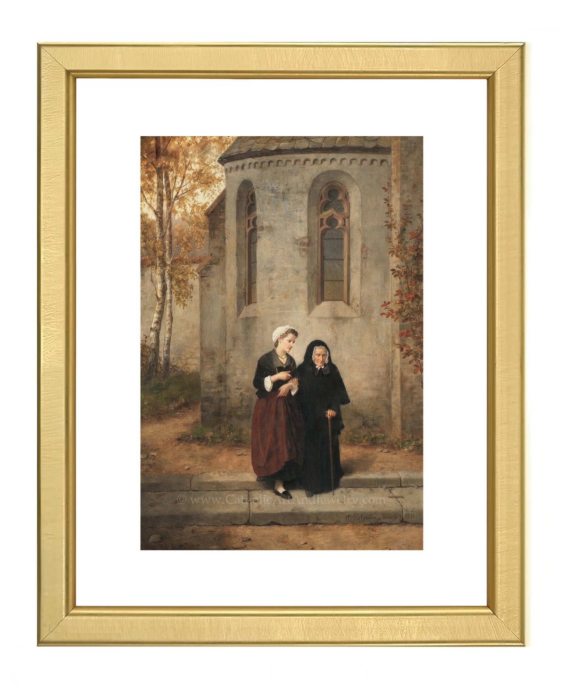 a painting of two women standing in front of a building